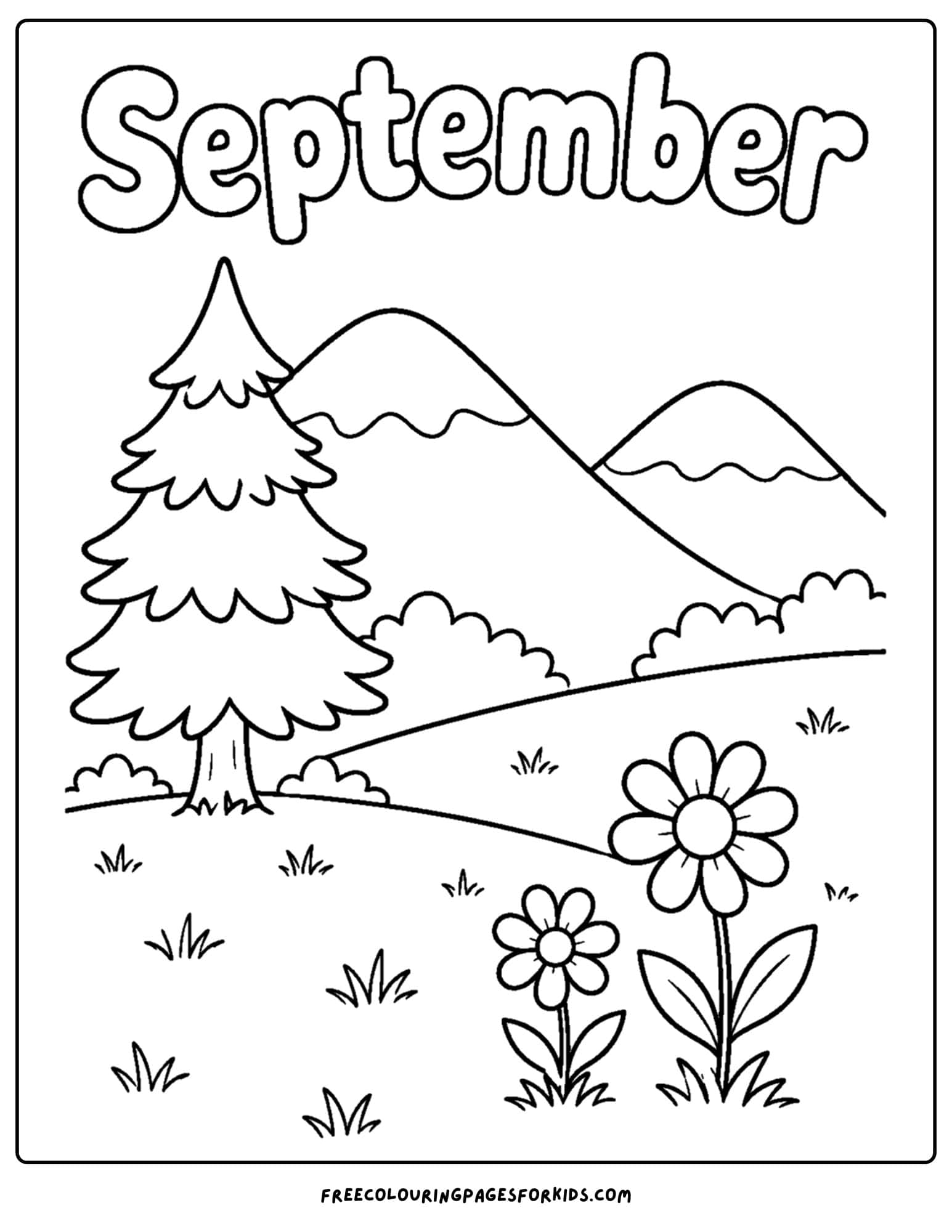 a september coloring page showing a mountain meadow scene