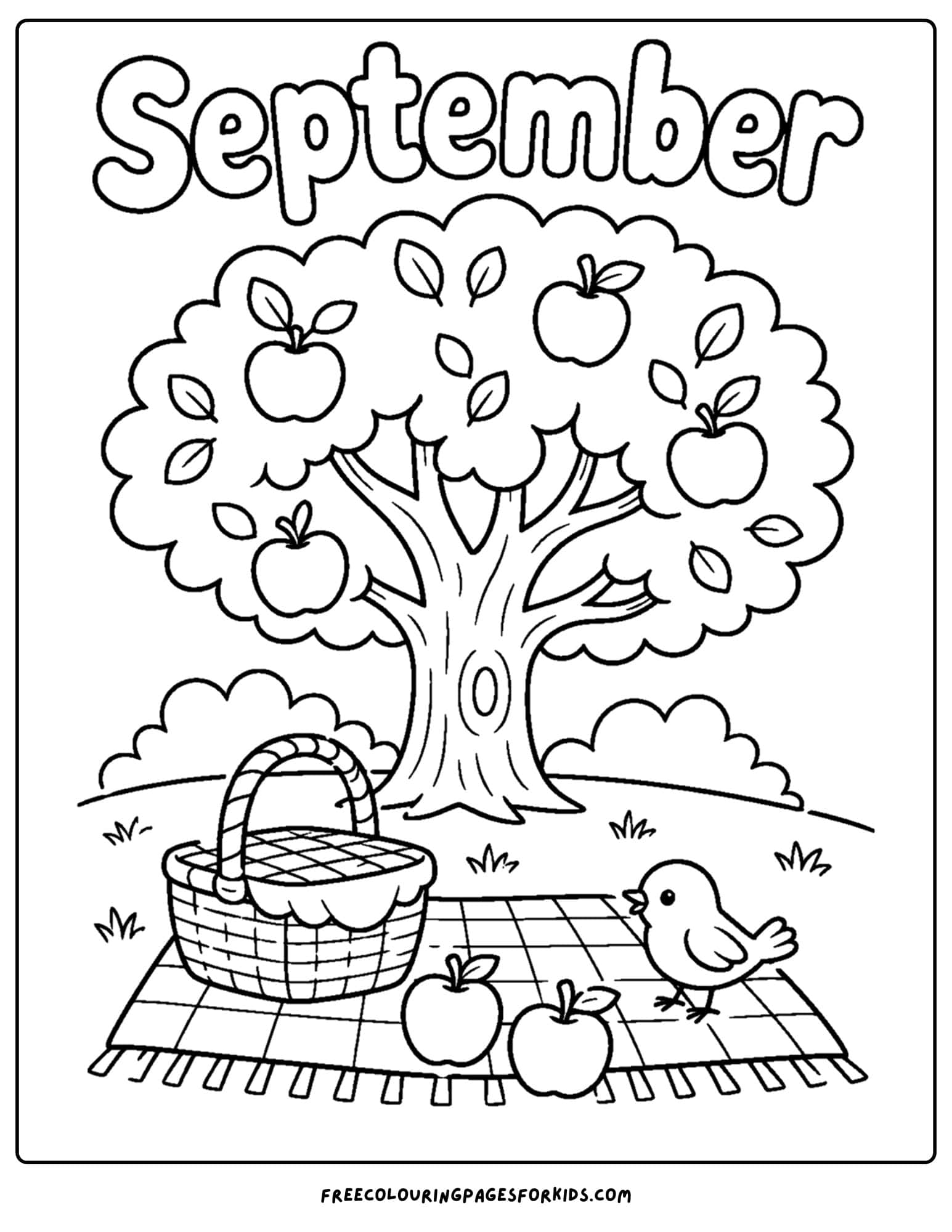 a september coloring page showing a a picnic setup below an apple tree