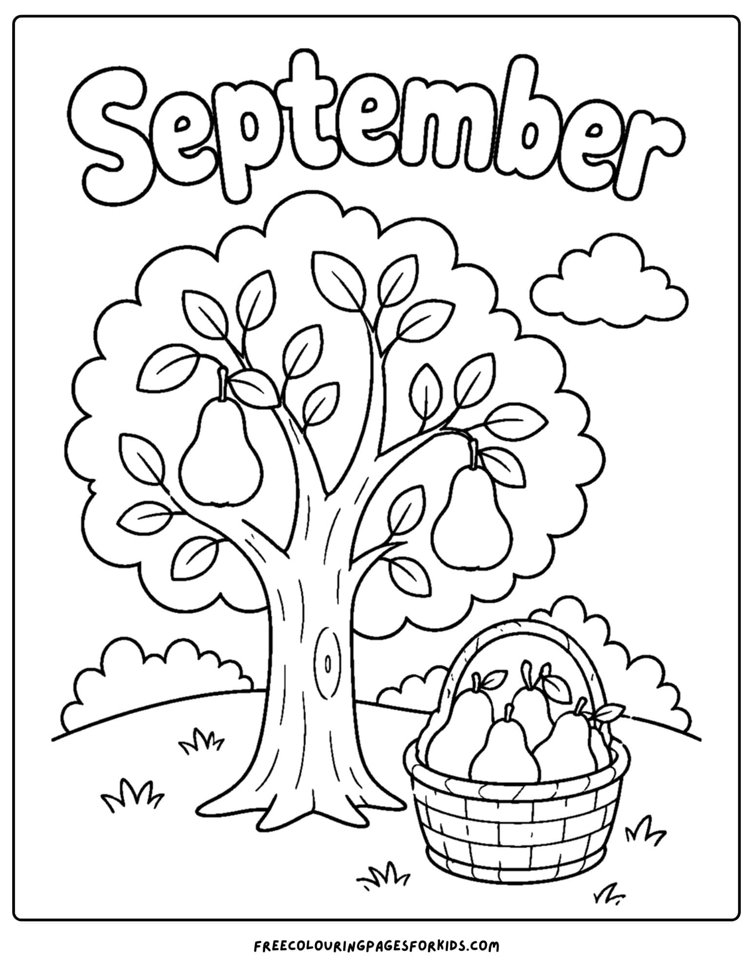 a september coloring page showing a pear tree with a basket full of pears below it