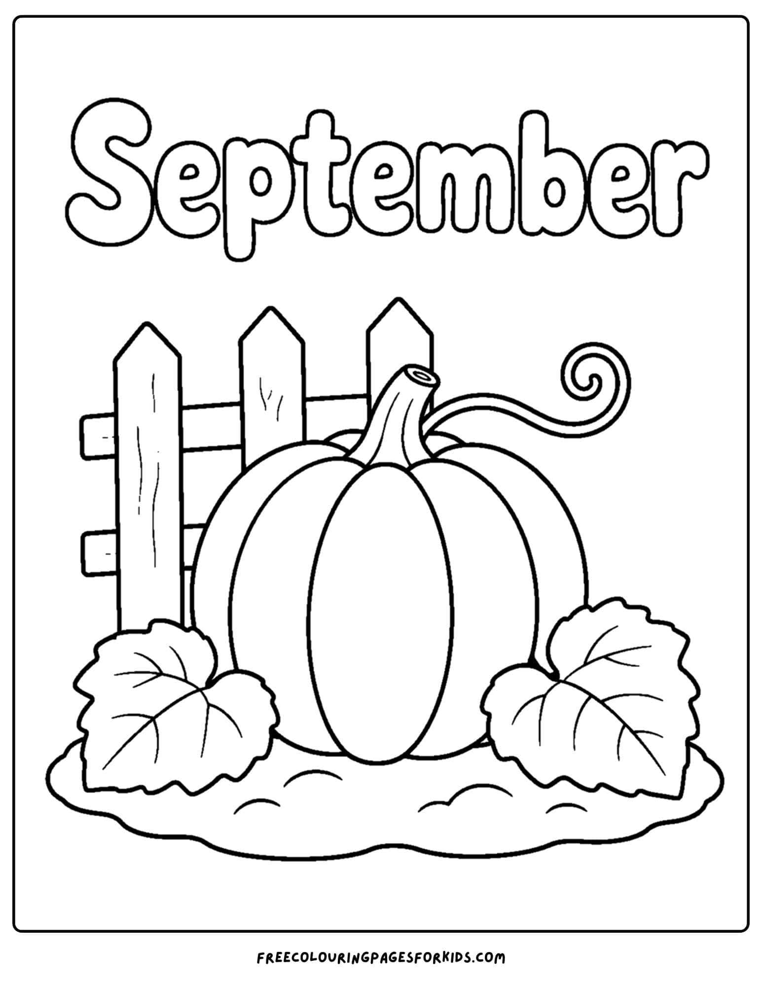 a september coloring page showing a giant pumpkin next to a fence