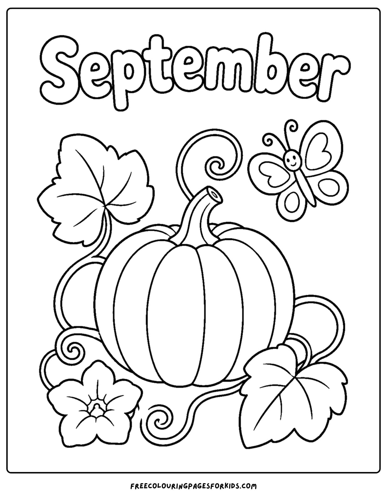 a september coloring page showing a pumpkin on a vine