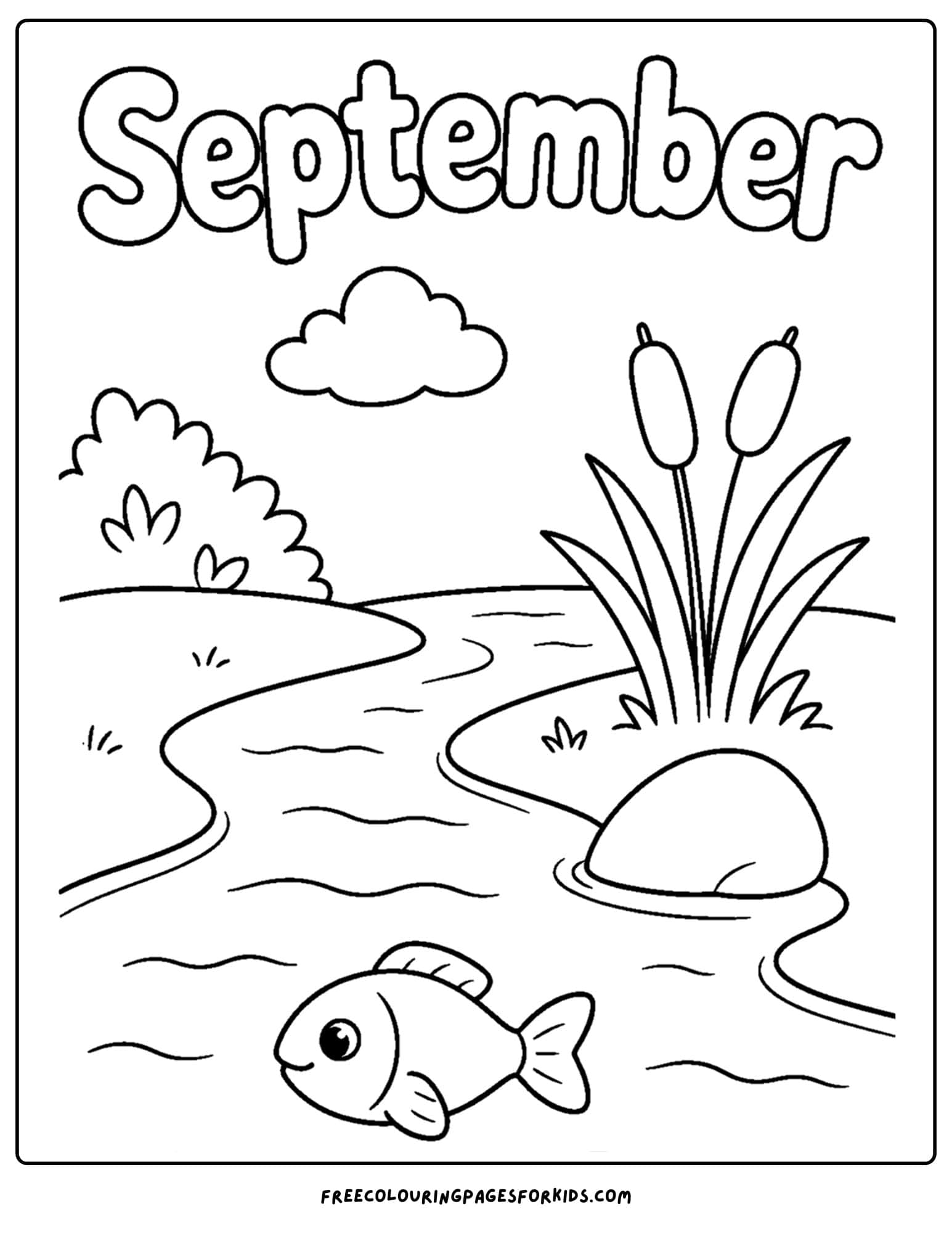 a september coloring page showing a fish in a river as it winds along