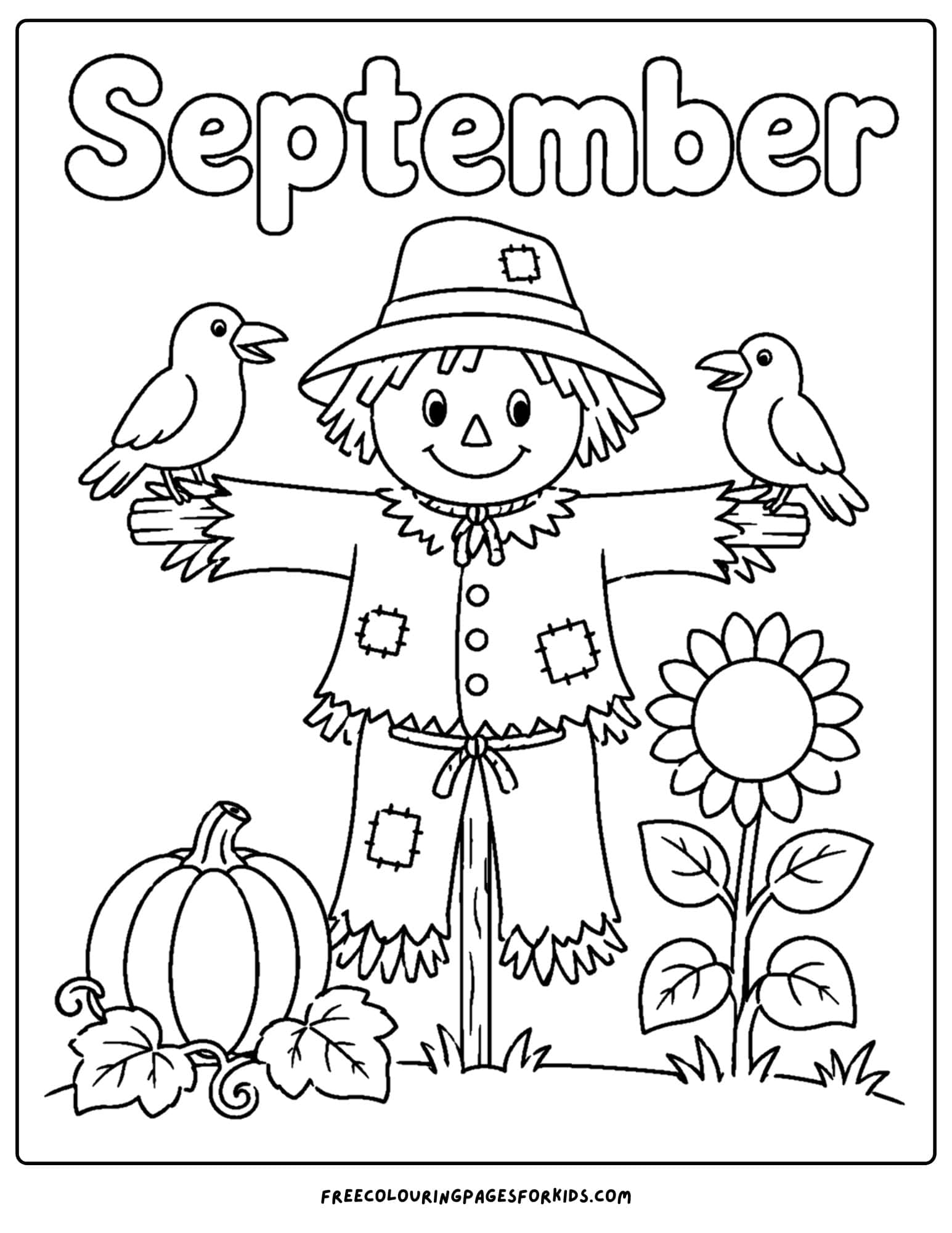 a september coloring page showing a scarecrow in a garden