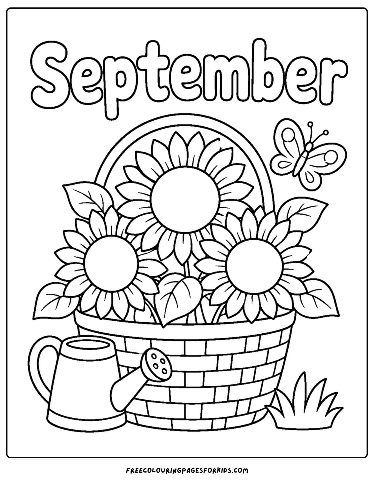 a september coloring page showing a basket full of sunflowers