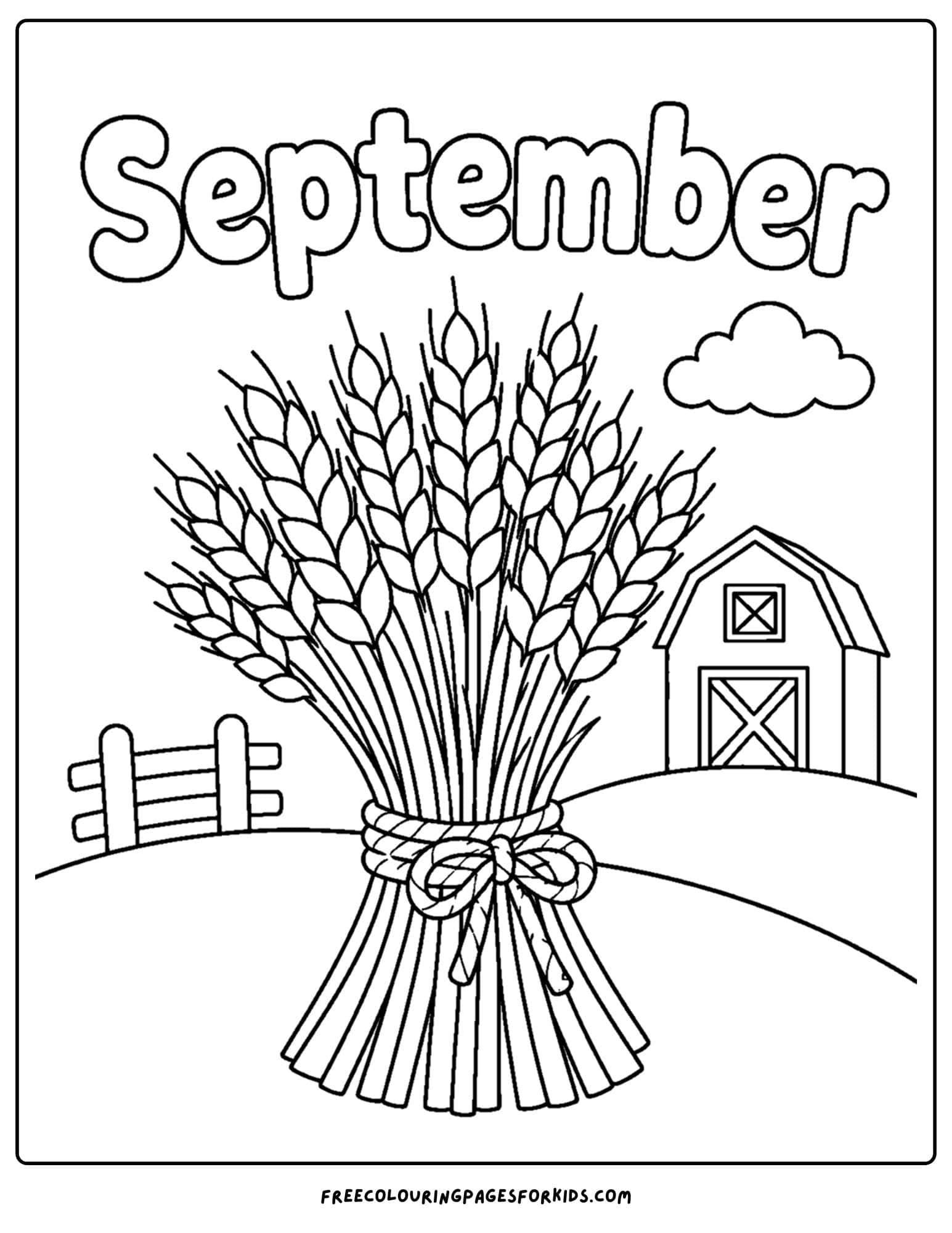 a september coloring page showing a big bundle of wheat in front of a farm barn