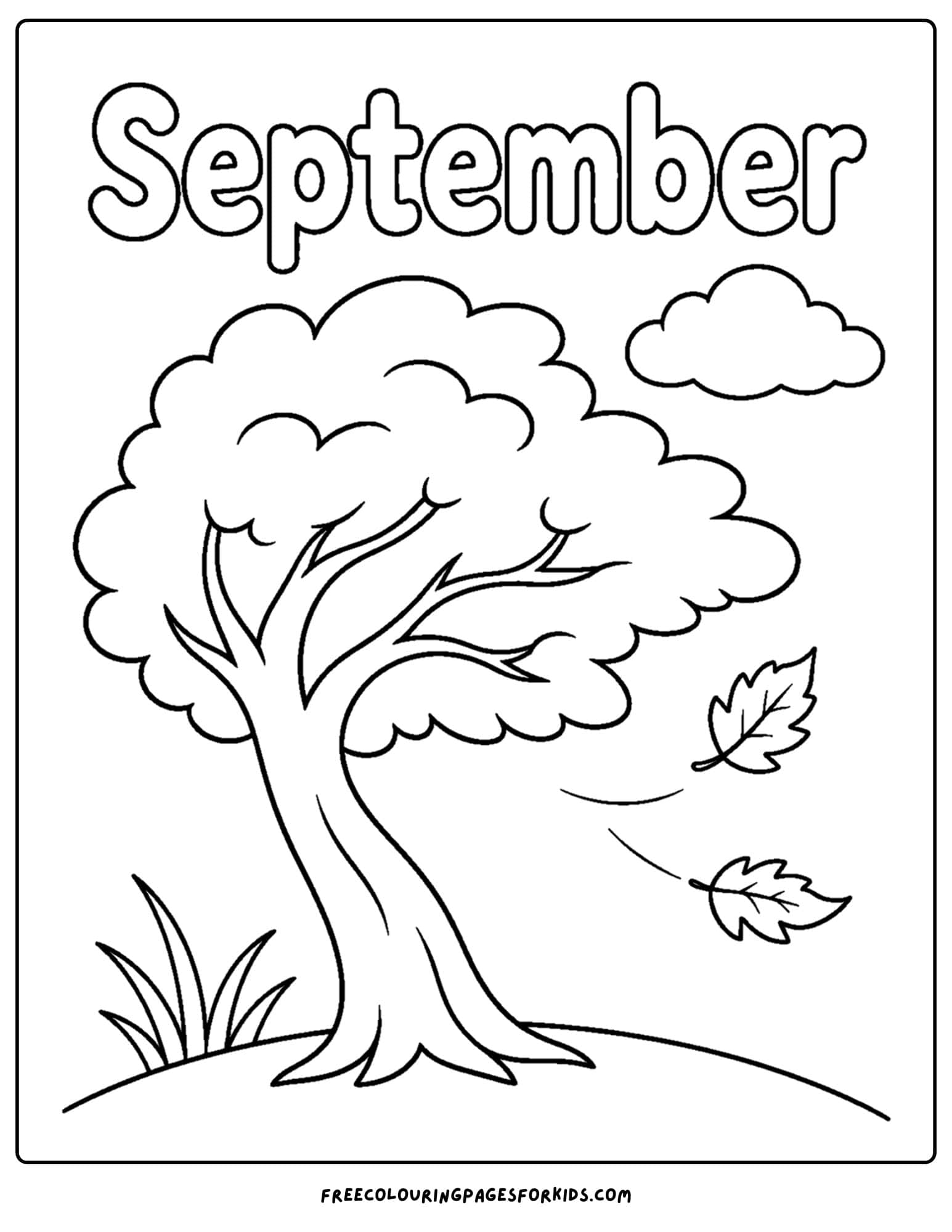 a september coloring page showing a windy day with a tree blowing sideways