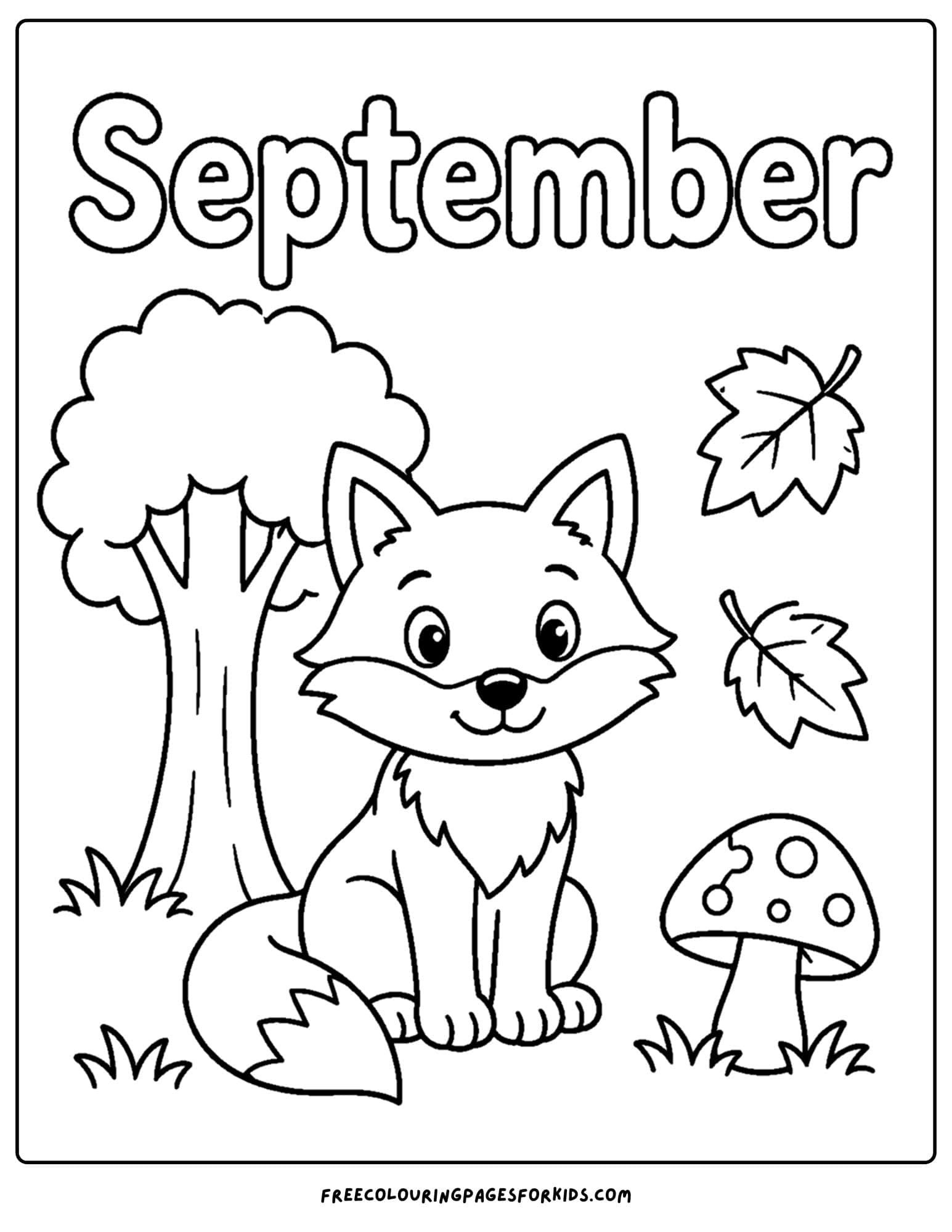 a september coloring page showing a fox amongst falling leaves