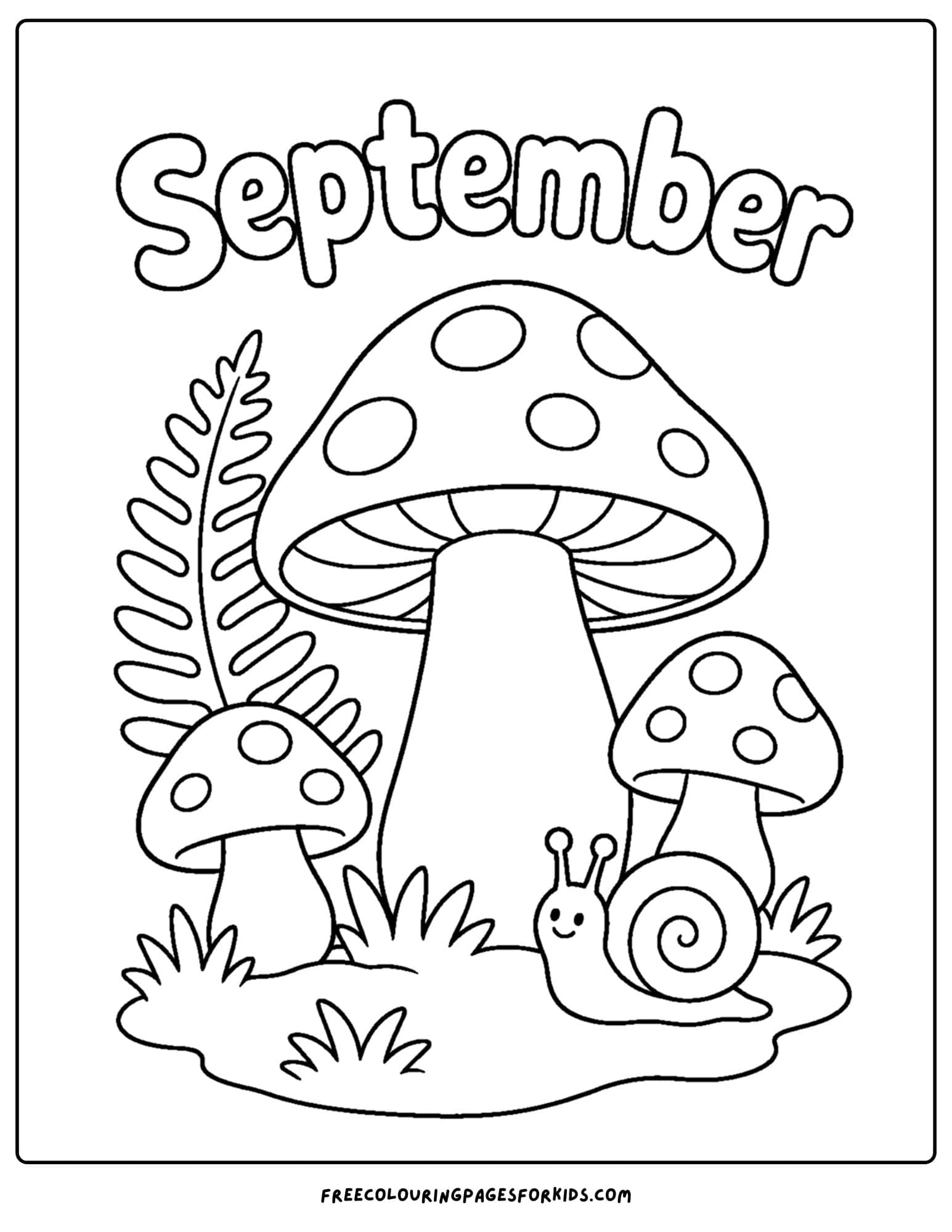 a september coloring page showing big mushrooms all together