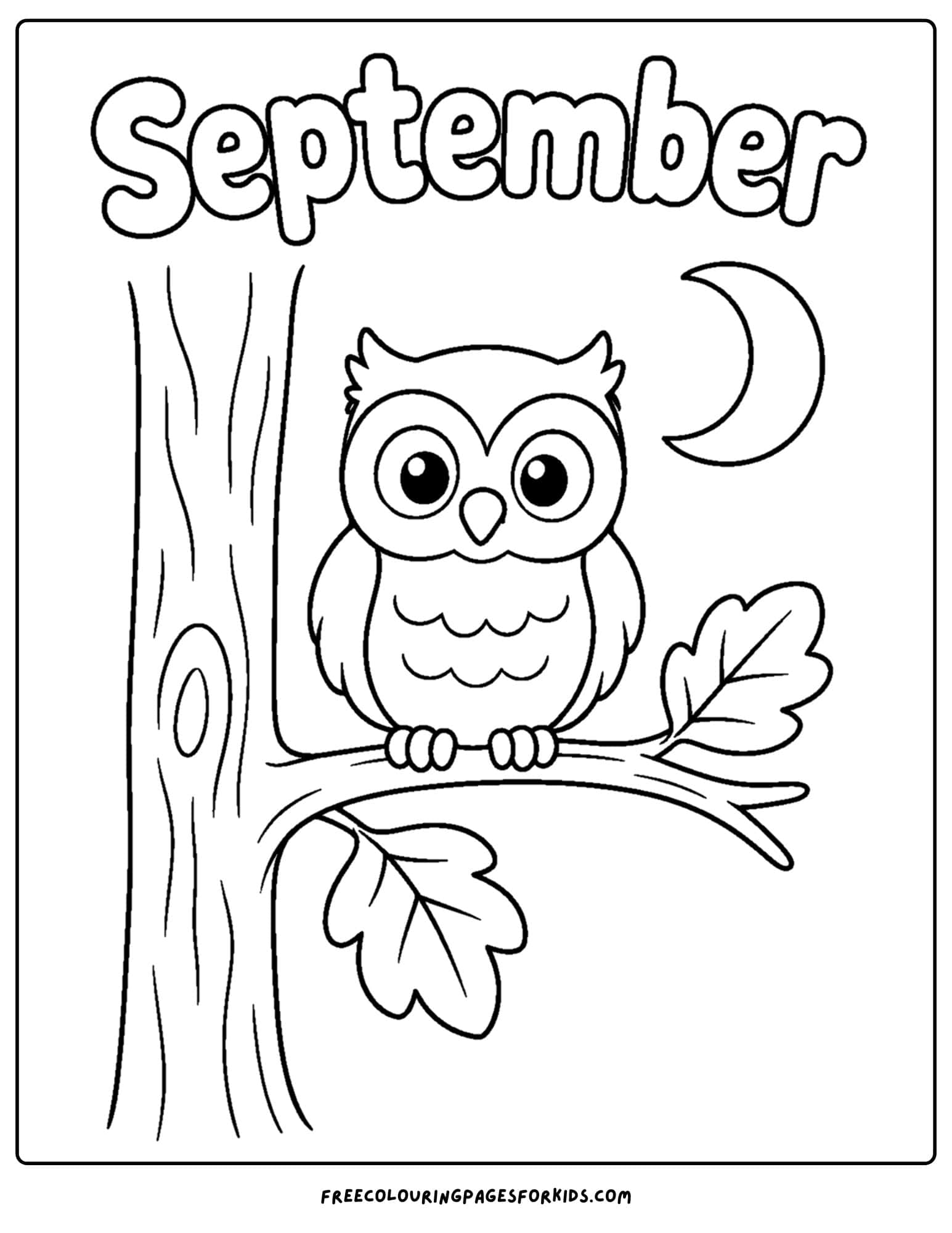 a september coloring page showing an owl in a tree at night
