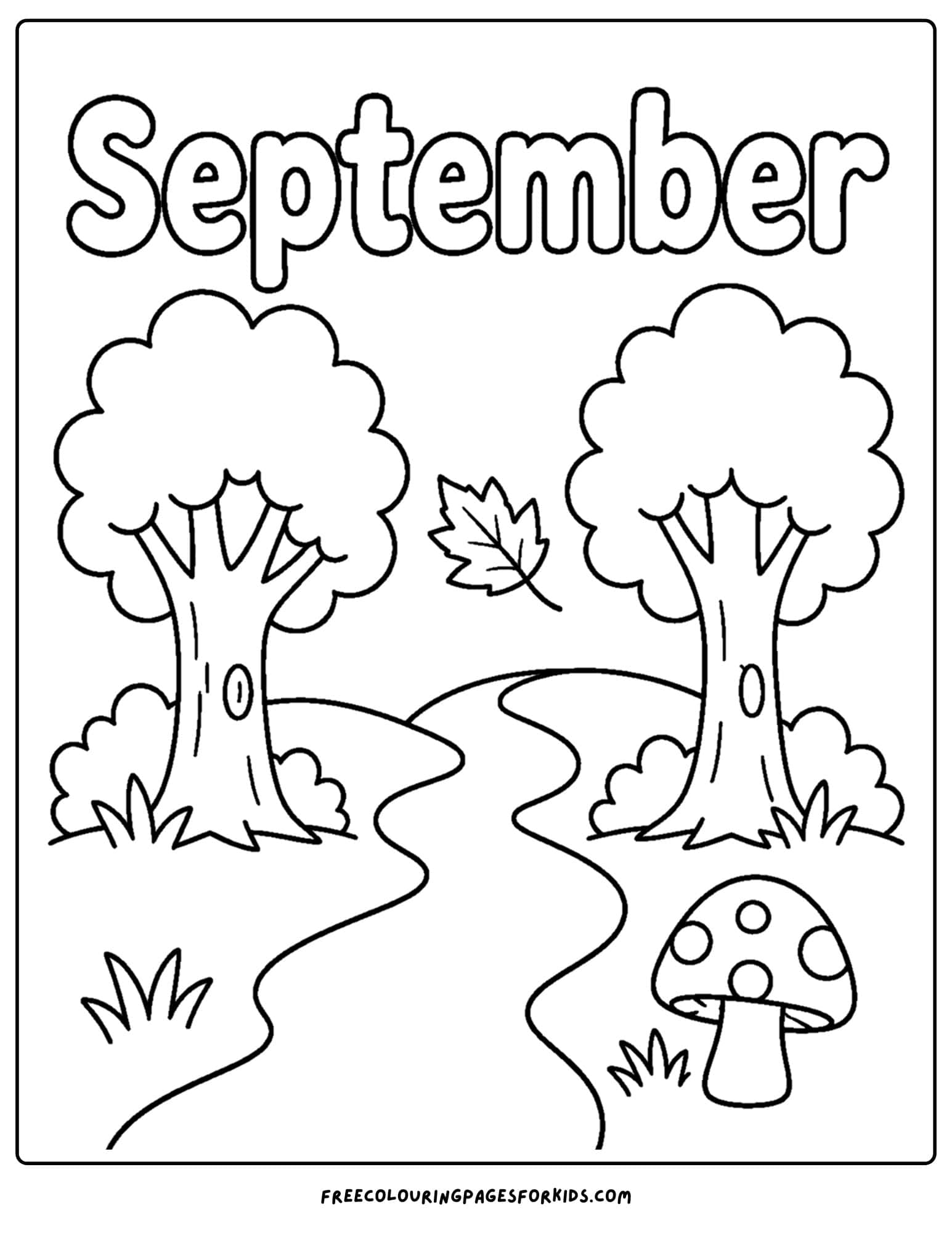 a september coloring page showing a woodland path between trees