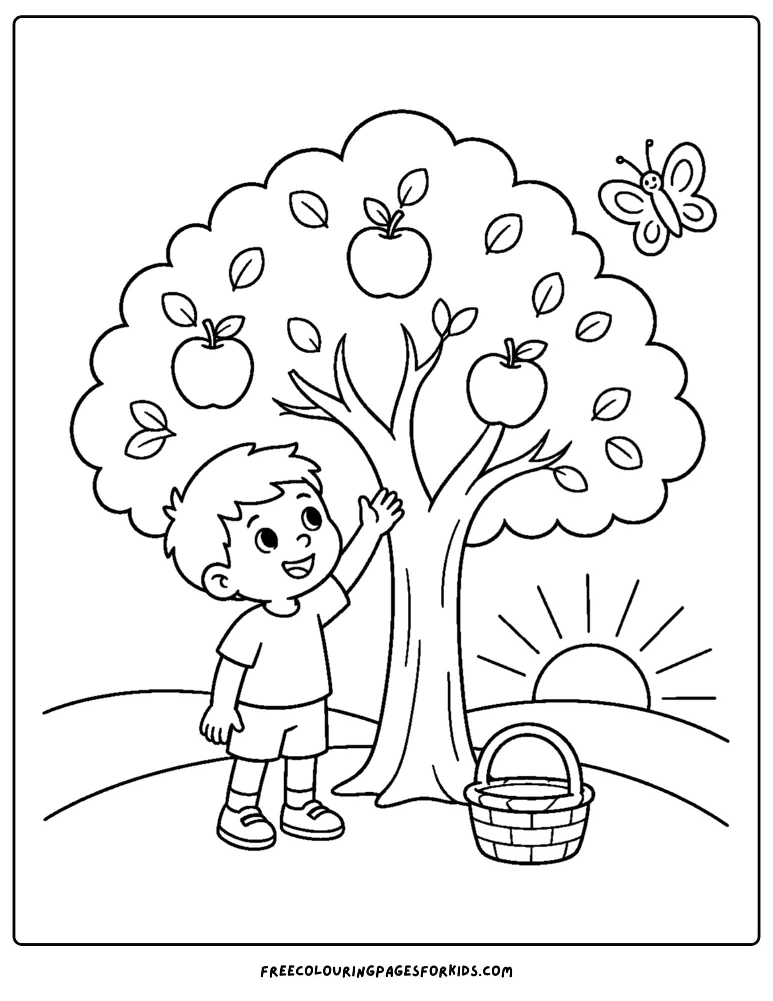 a sunrise styled coloring page showing a child picking apples at sunrise