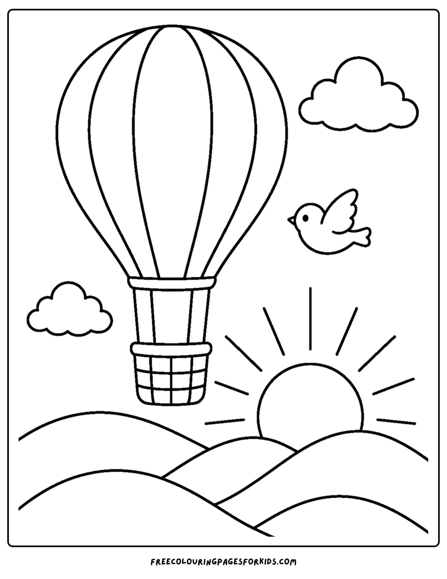 a sunrise styled coloring page showing a hot air balloon ride at sunrise