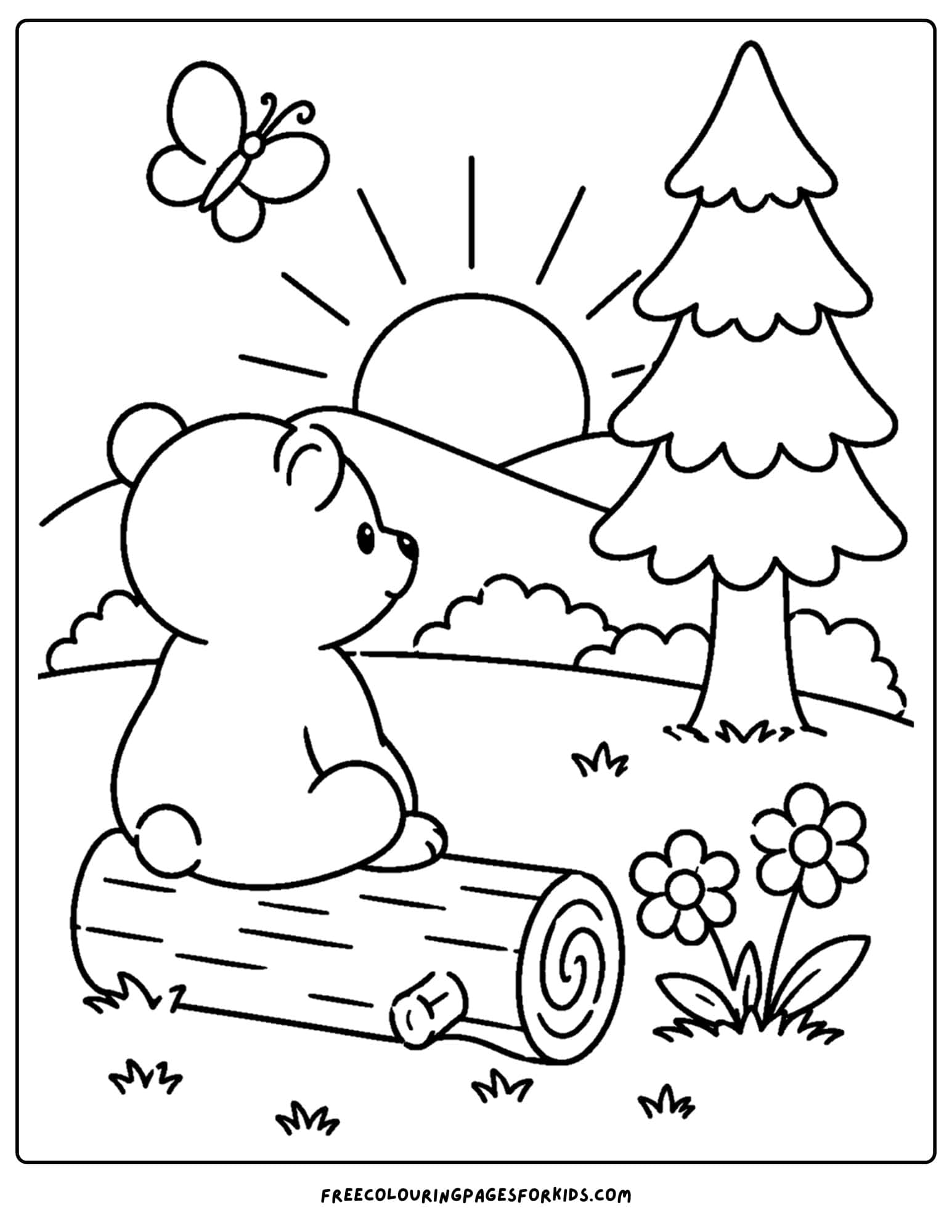 a sunrise styled coloring page showing a bear and cub watching the sunrise