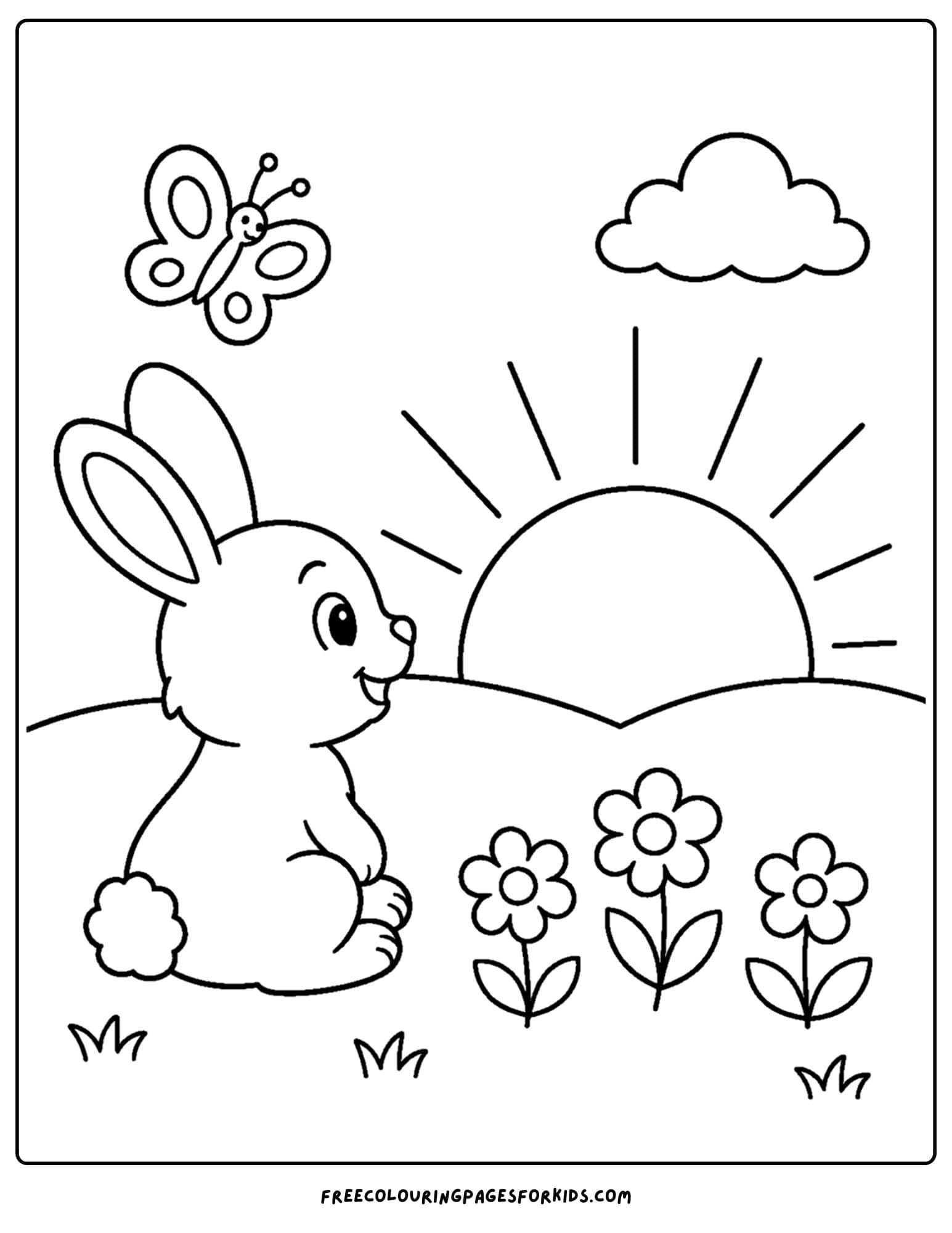 a sunrise styled coloring page showing a bunny watching the sunrise