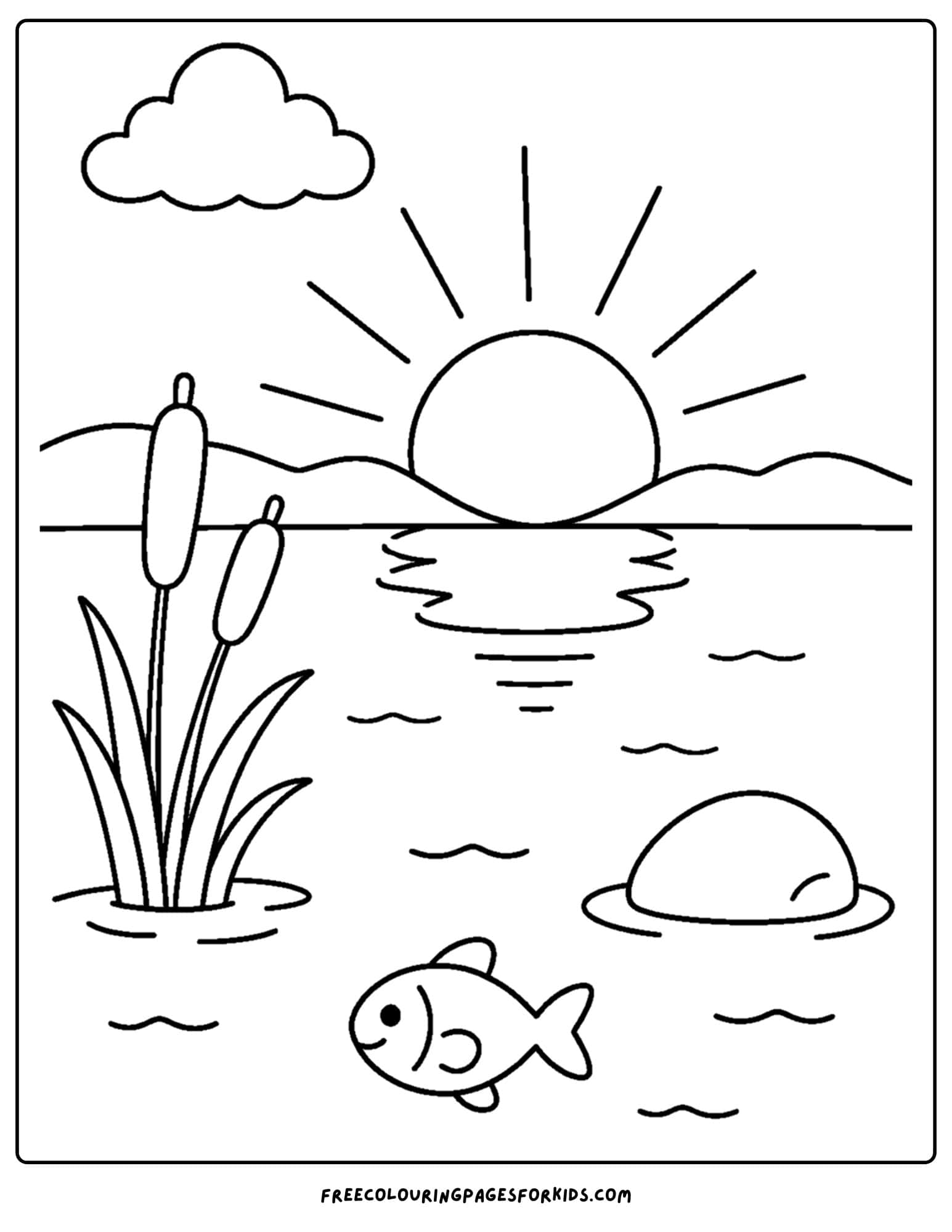 a sunrise styled coloring page showing a sun rising calmly over a lake