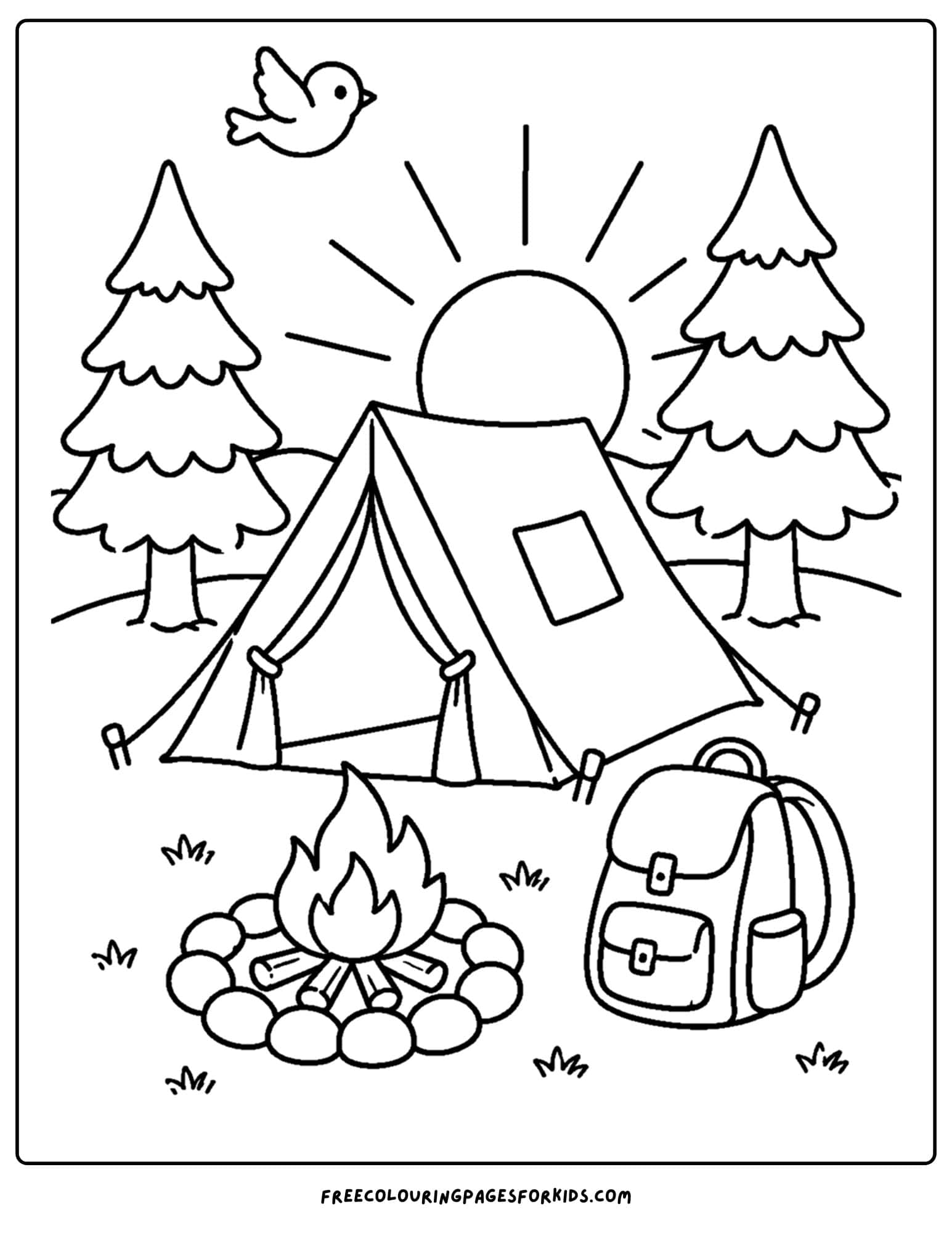a sunrise styled coloring page showing a sun rising up behind a camping tent