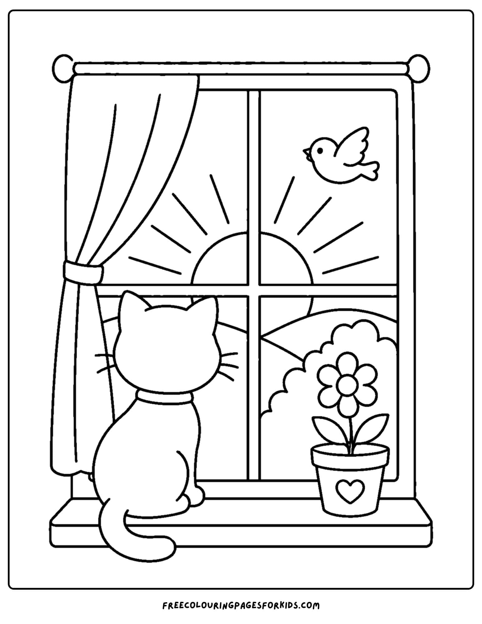 a sunrise styled coloring page showing a cat watching the sun rise from a house window