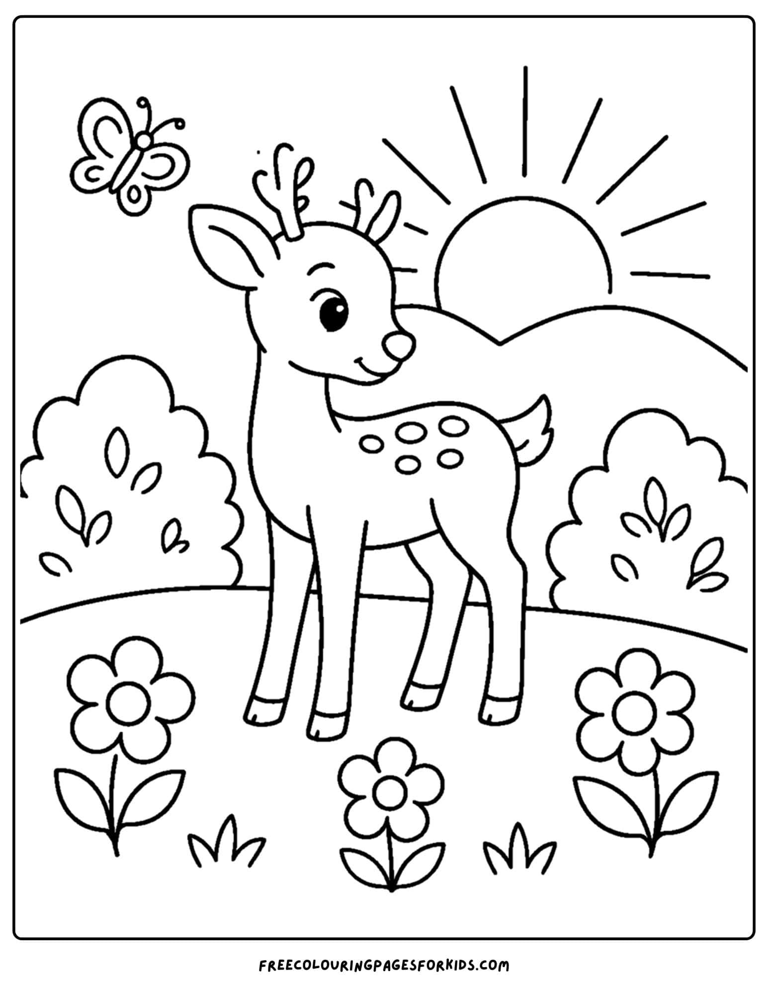 a sunrise styled coloring page showing a deer looking for breakfast as the sun rises