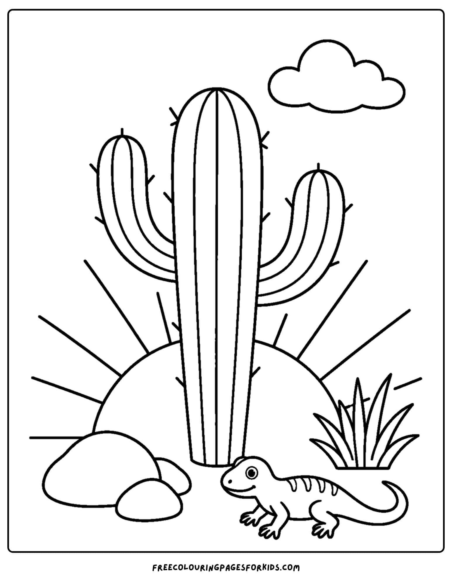 a sunrise styled coloring page showing a cactus bathed in sunlight as it rises