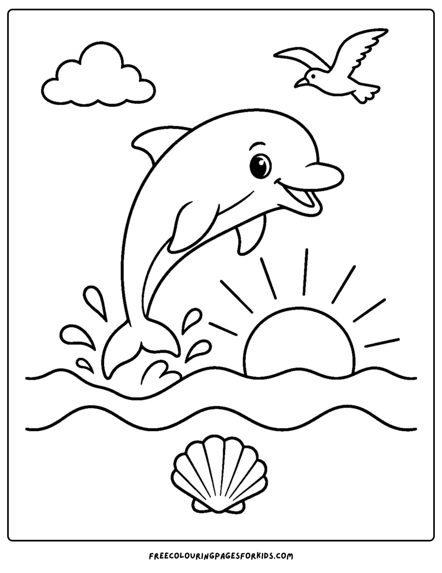 a sunrise styled coloring page showing a dolphin leaping over the sun at sunrise