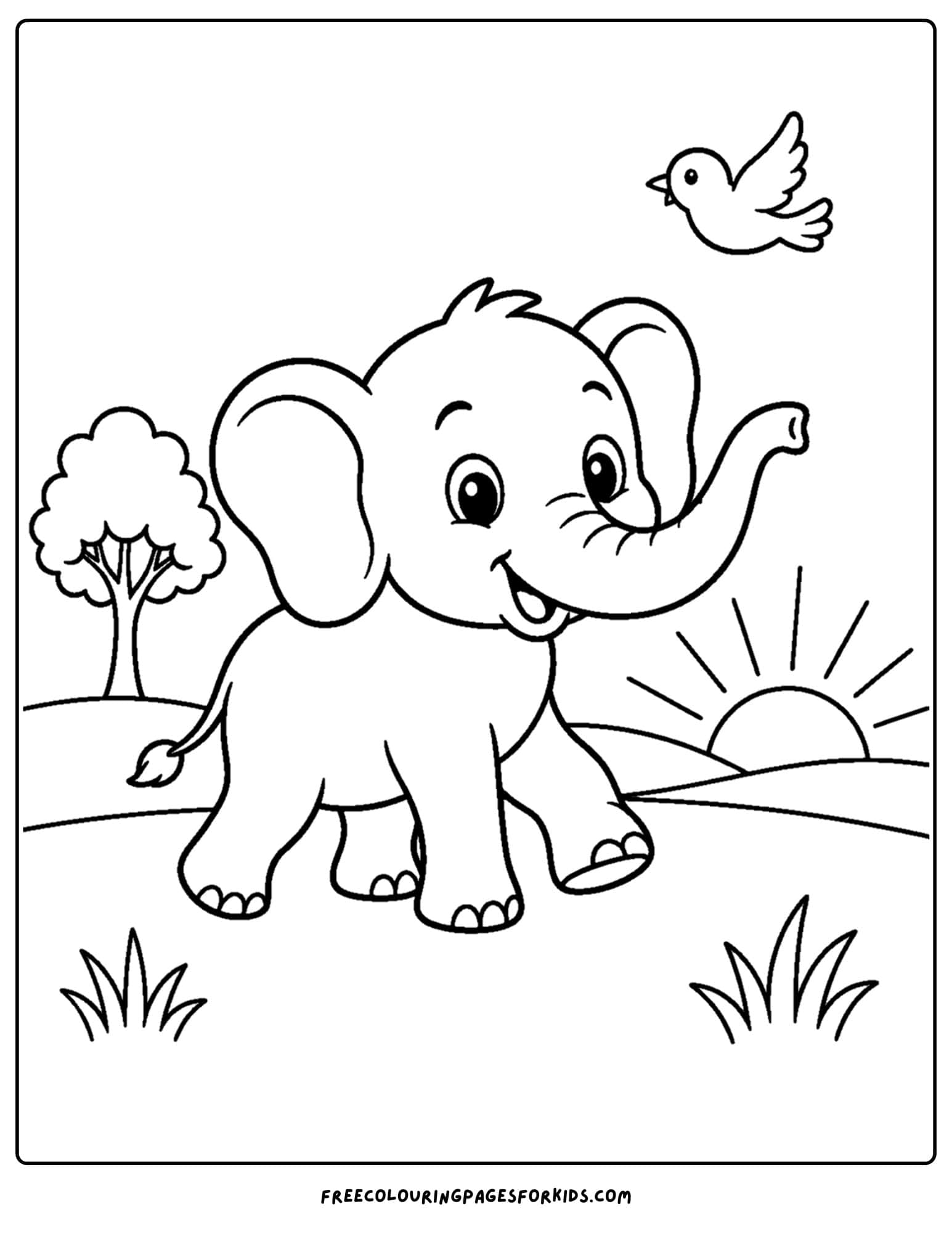 a sunrise styled coloring page showing an elephant going for a walk at sunrise
