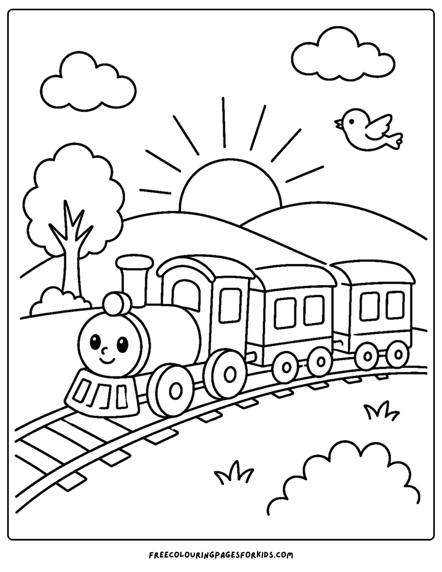 a sunrise styled coloring page showing a train going along the tracks at sunrise