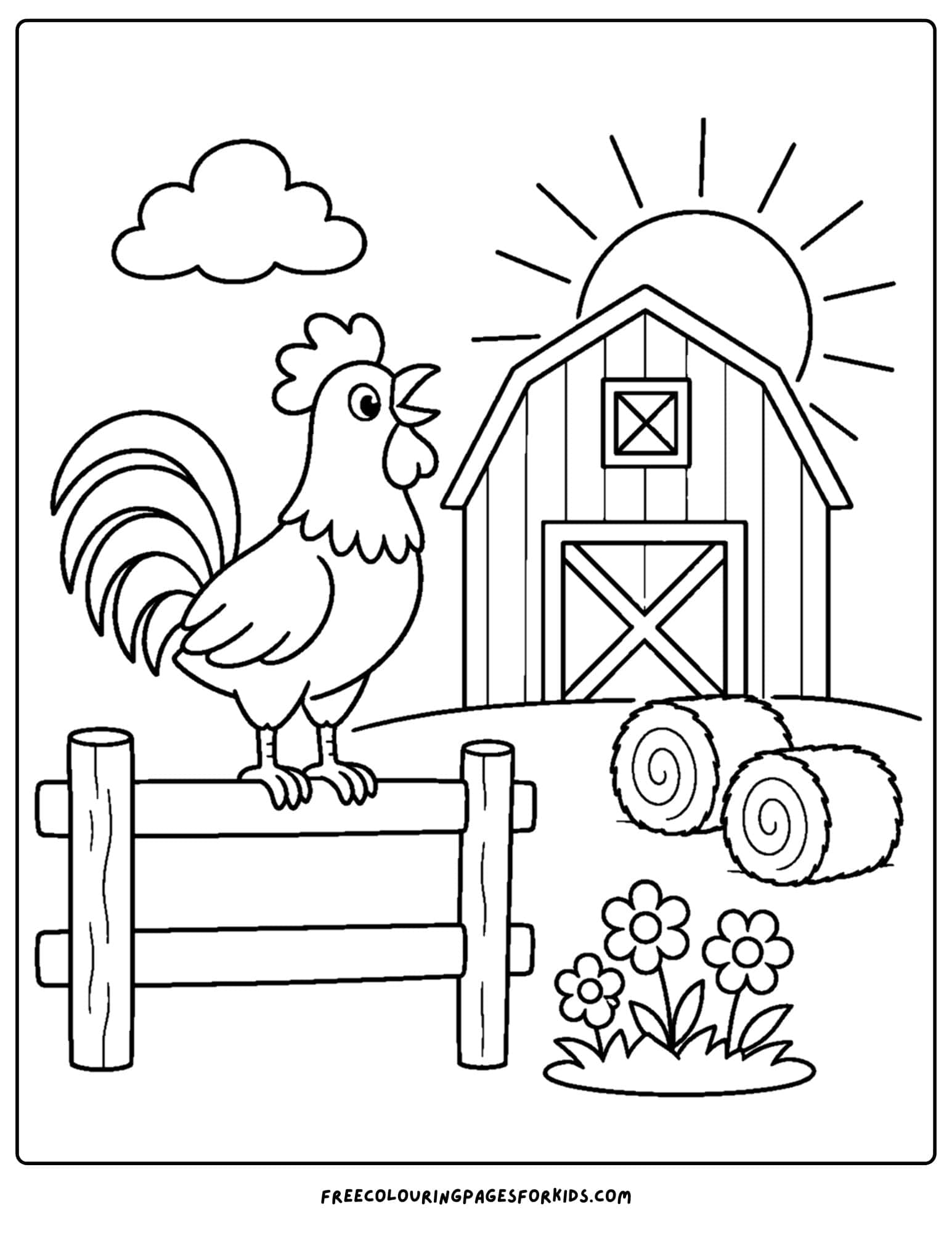 a sunrise styled coloring page showing a rooster crowing to tell everyone its morning time