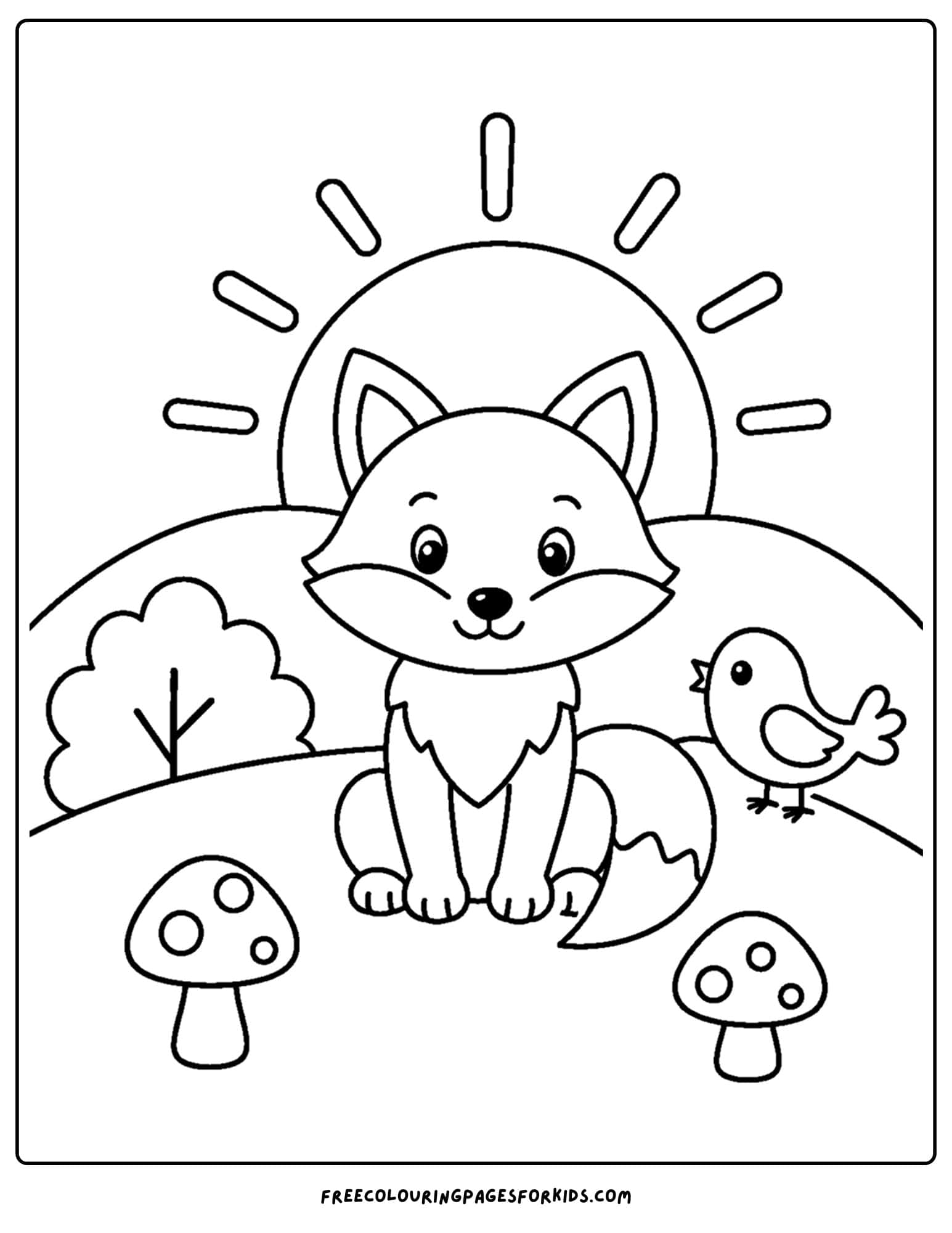 a sunrise styled coloring page showing a fox sitting on a hill as the sun rises