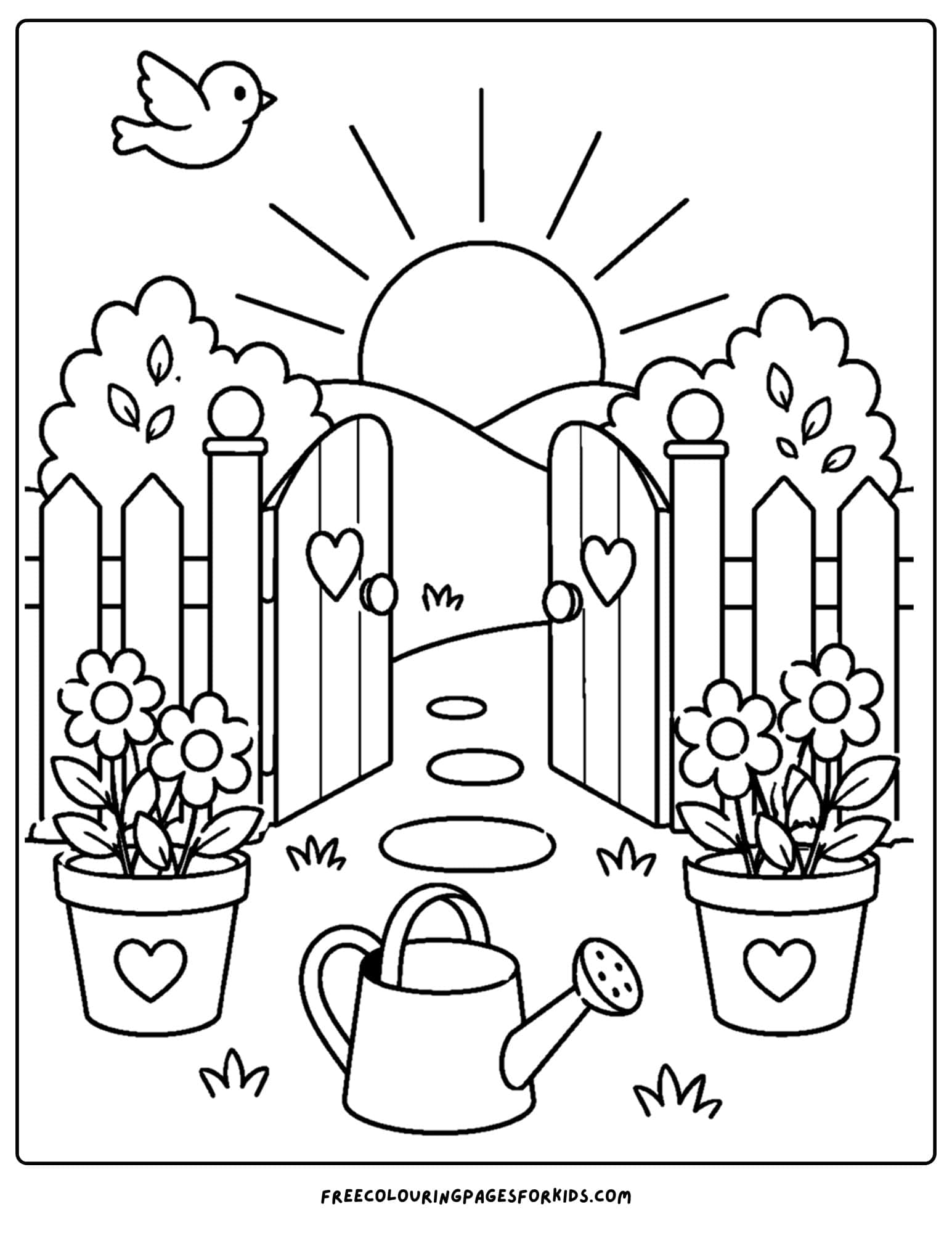 a sunrise styled coloring page showing the suns glow peeking through a garden gate