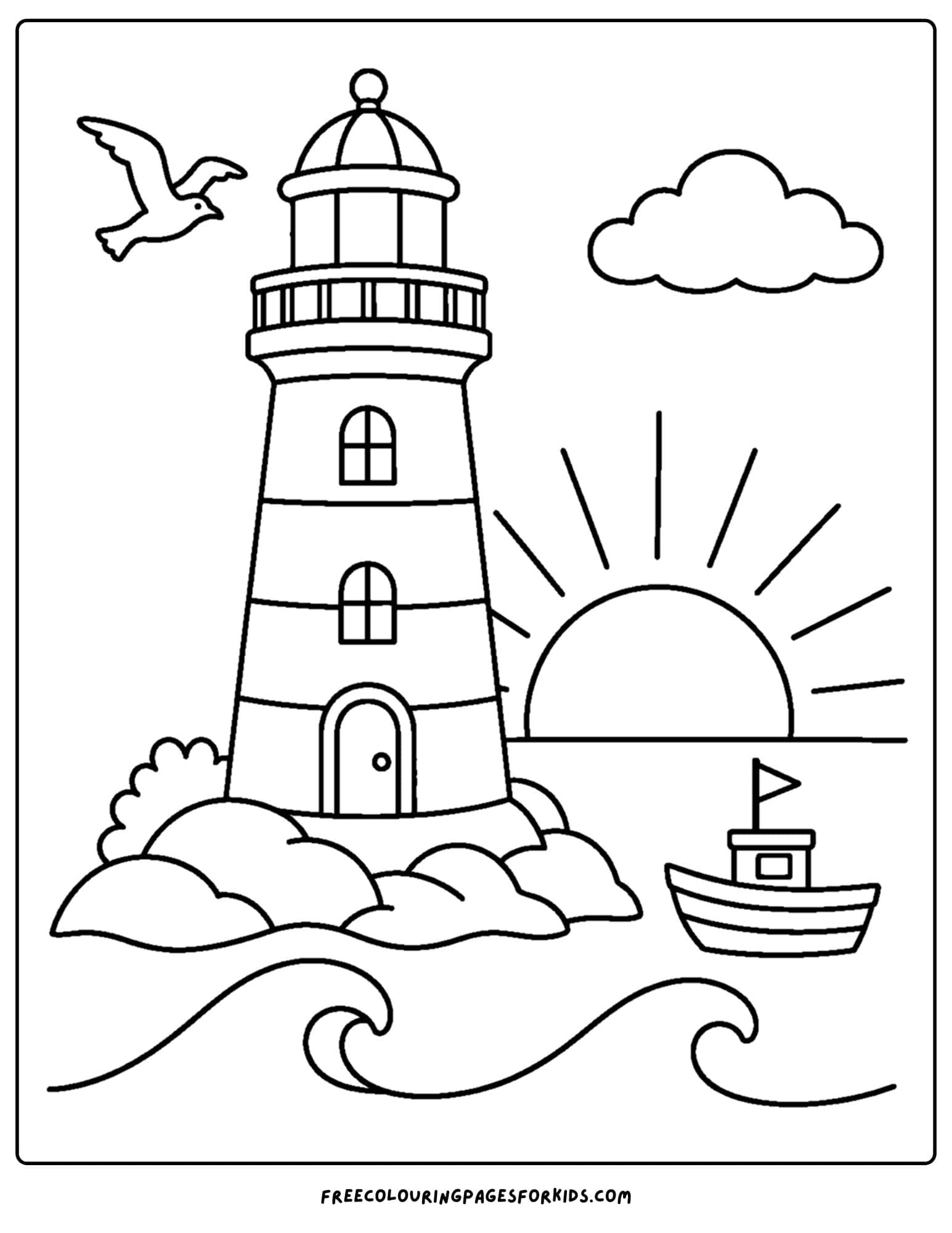 a sunrise styled coloring page showing a lighthouse watching the sun rise