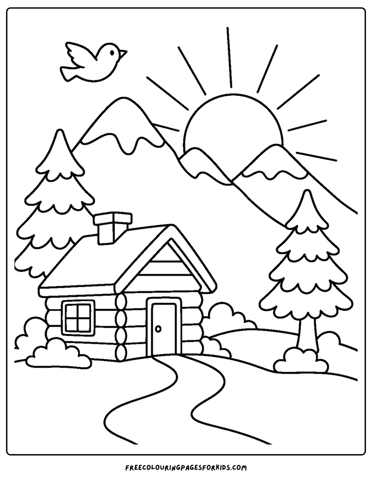 a sunrise styled coloring page showing a mountain cabin with the sun rising over snow covered mountain peaks