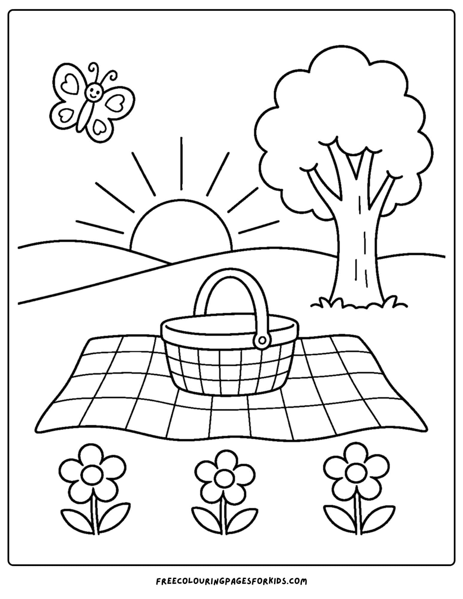 a sunrise styled coloring page showing a morning breakfast picnic