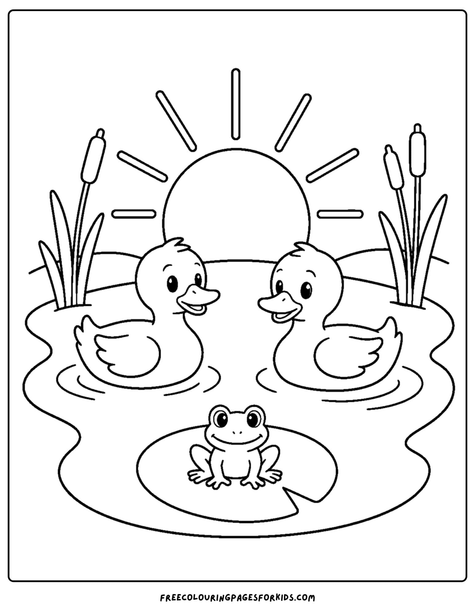 a sunrise styled coloring page showing two ducks on a pond with the sun rising behind them