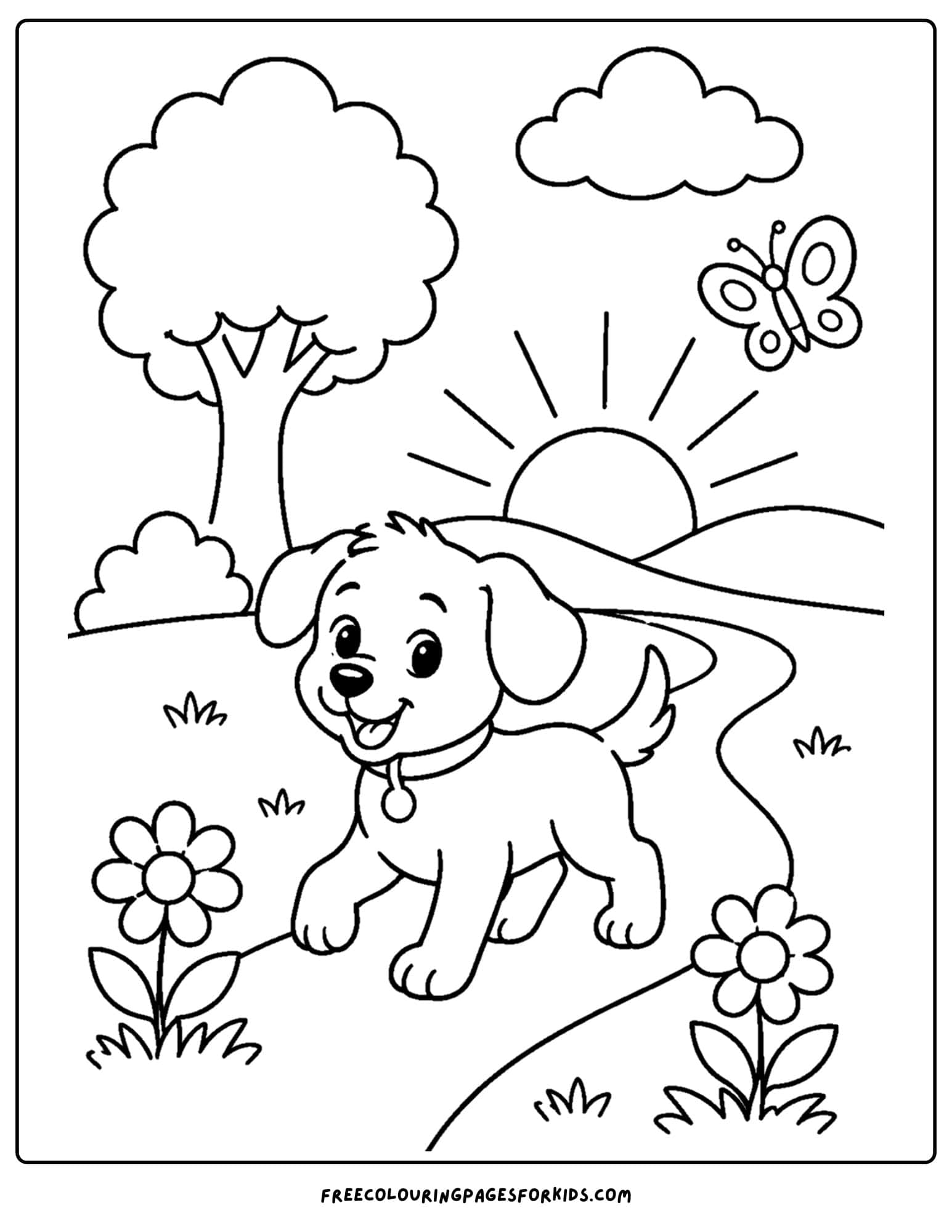 a sunrise styled coloring page showing a puppy running down a path with the sun behind