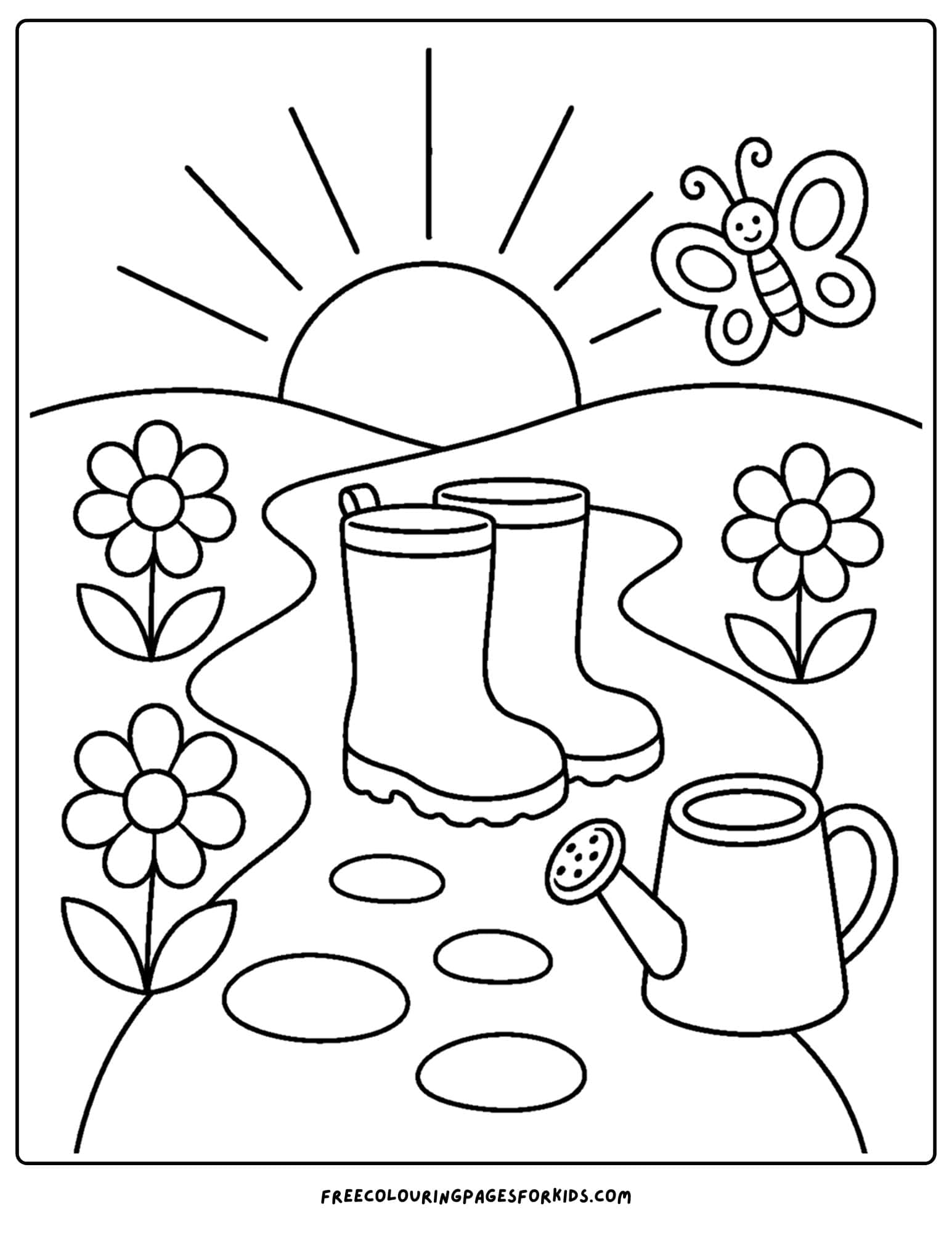 a sunrise styled coloring page showing a garden path with boots and flowers