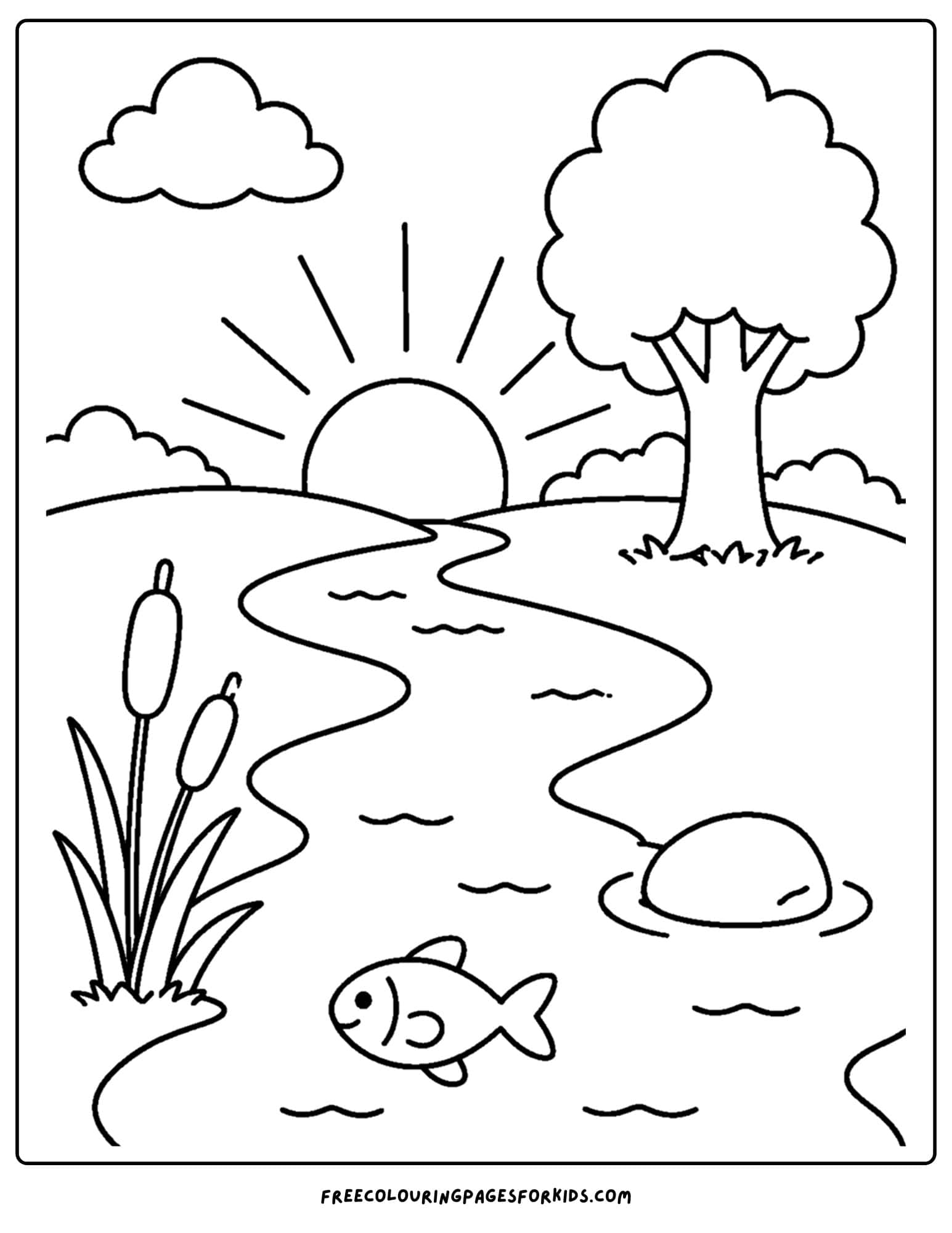 a sunrise styled coloring page showing a sun rising behind a river scene