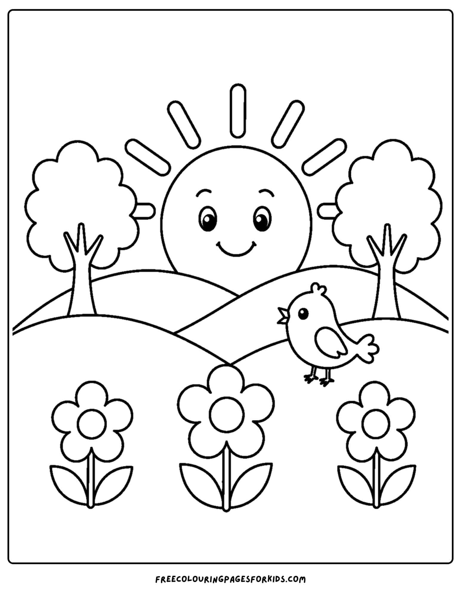 a sunrise styled coloring page showing the sun coming up over rolling mountains