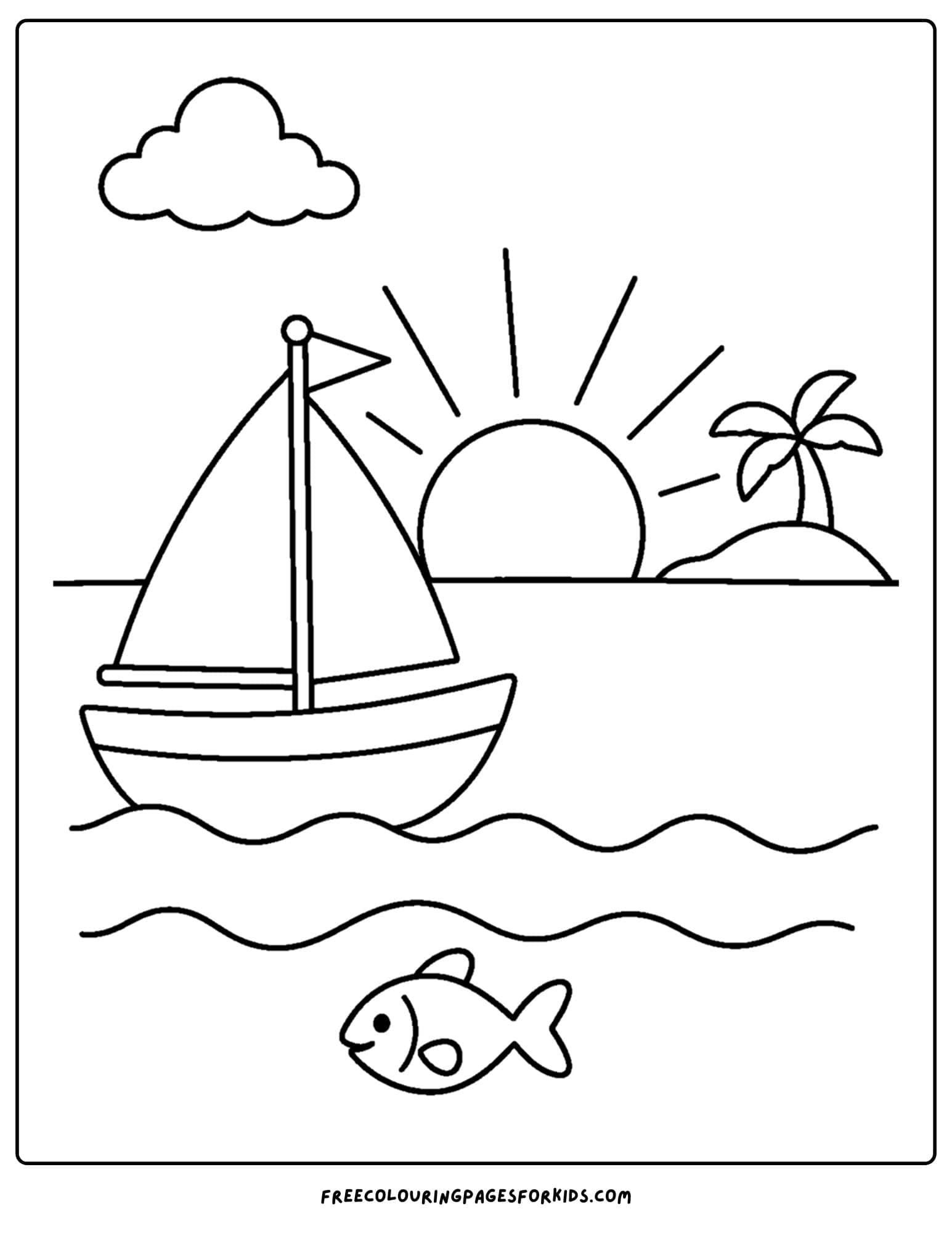 a sunrise styled coloring page showing a sailboat on calm waters in the morning