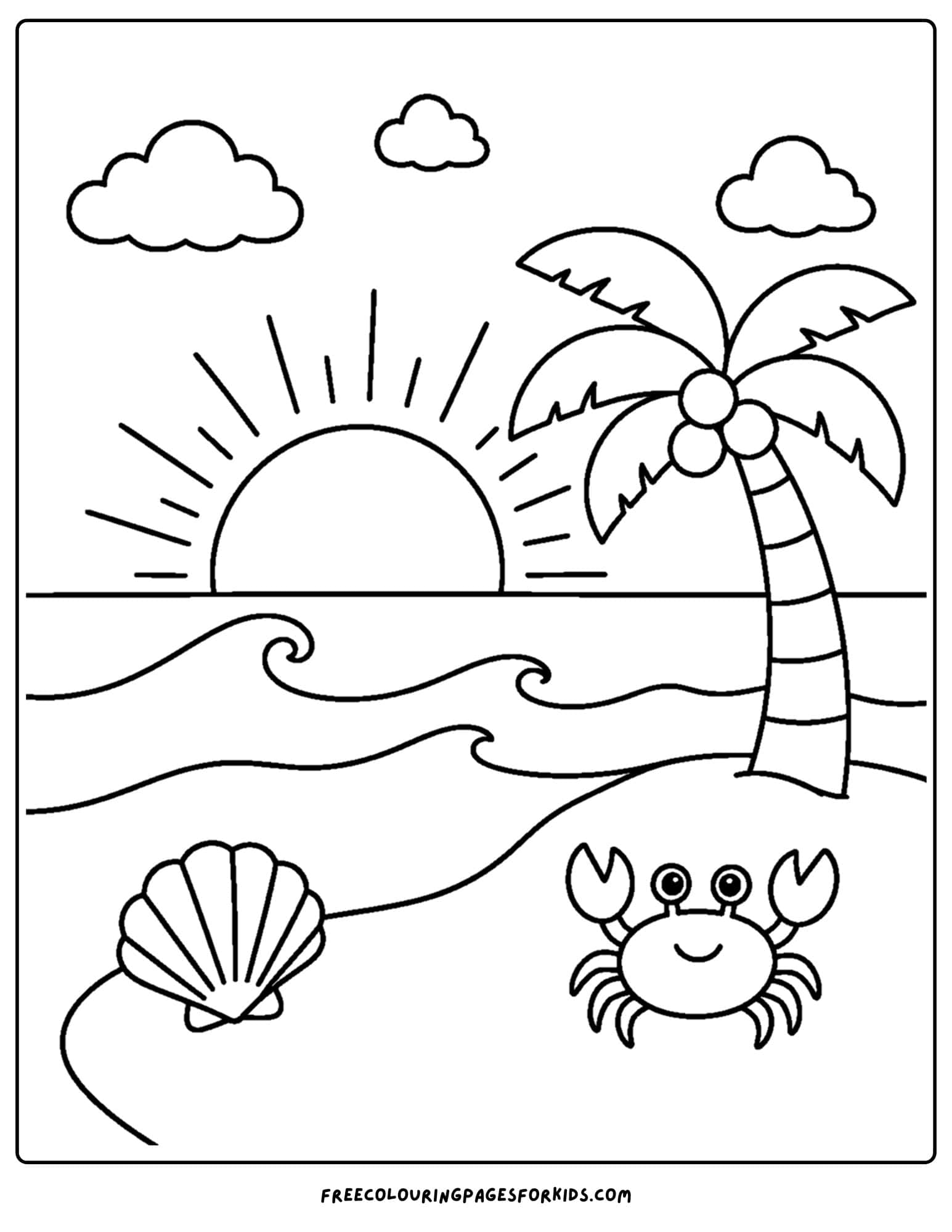 a sunrise styled coloring page showing a morning beach scene