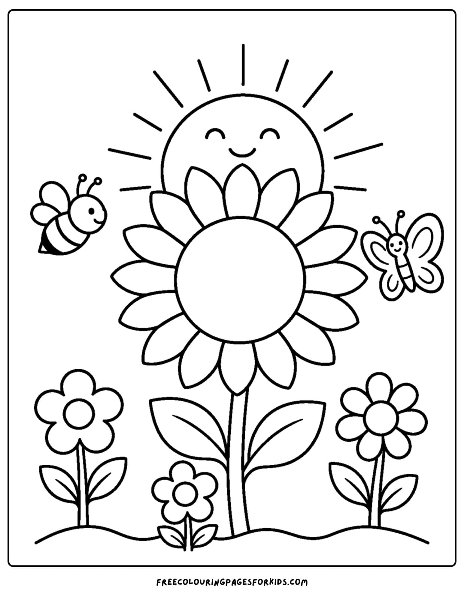 a sunrise styled coloring page showing a sunflower soaking in the morning sun