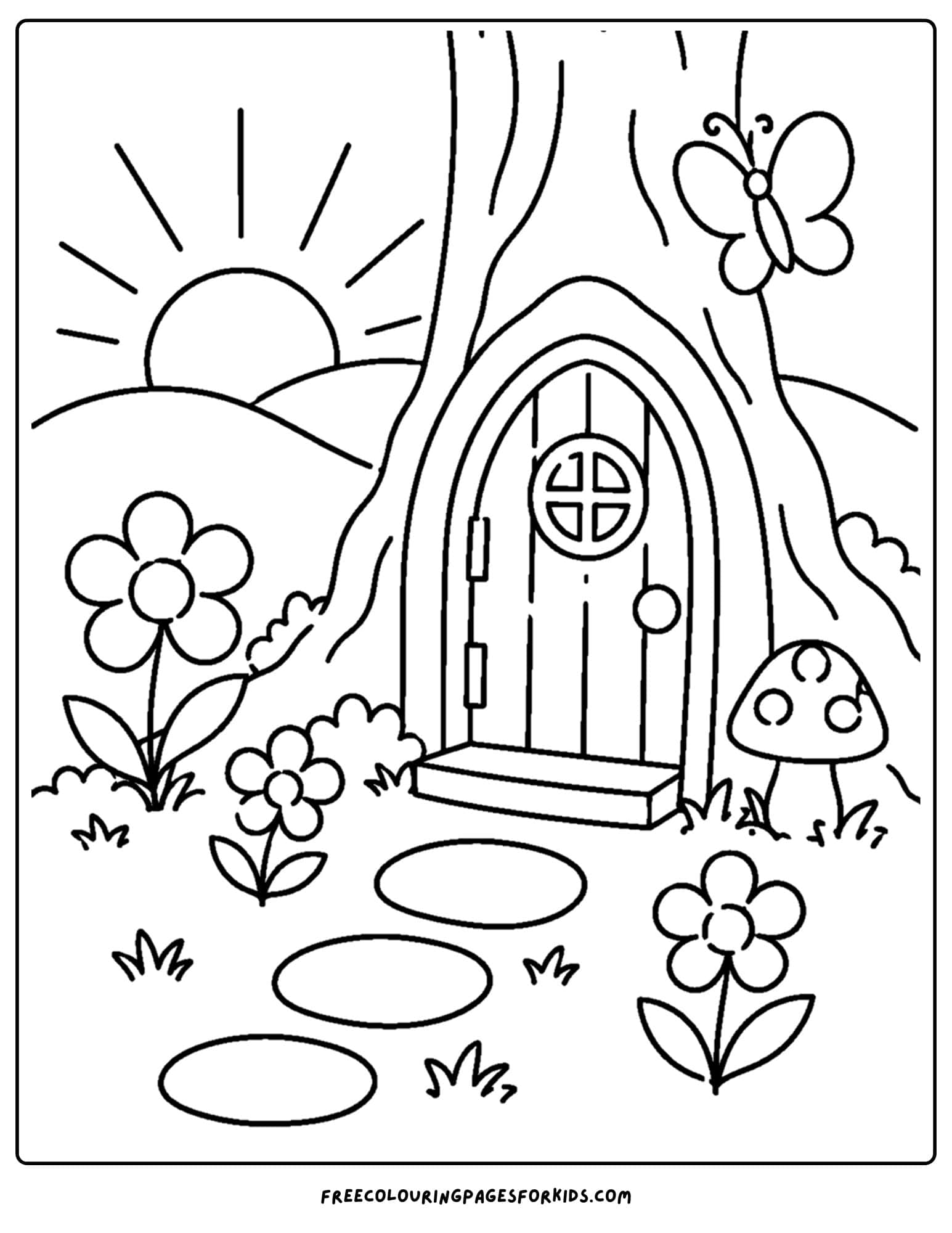 a sunrise styled coloring page showing a fairy garden door with flowers around it