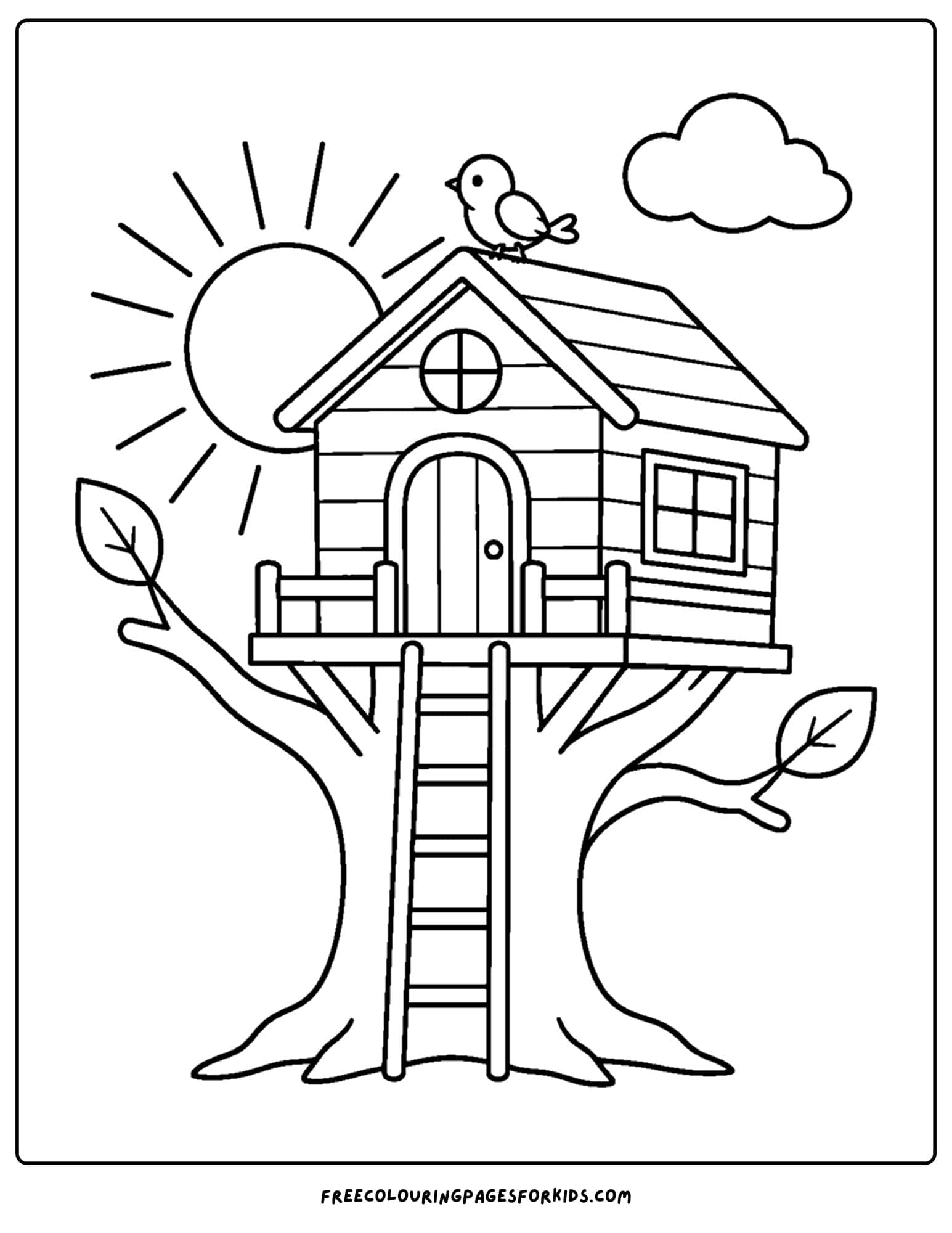 a sunrise styled coloring page showing a treehouse in the morning light