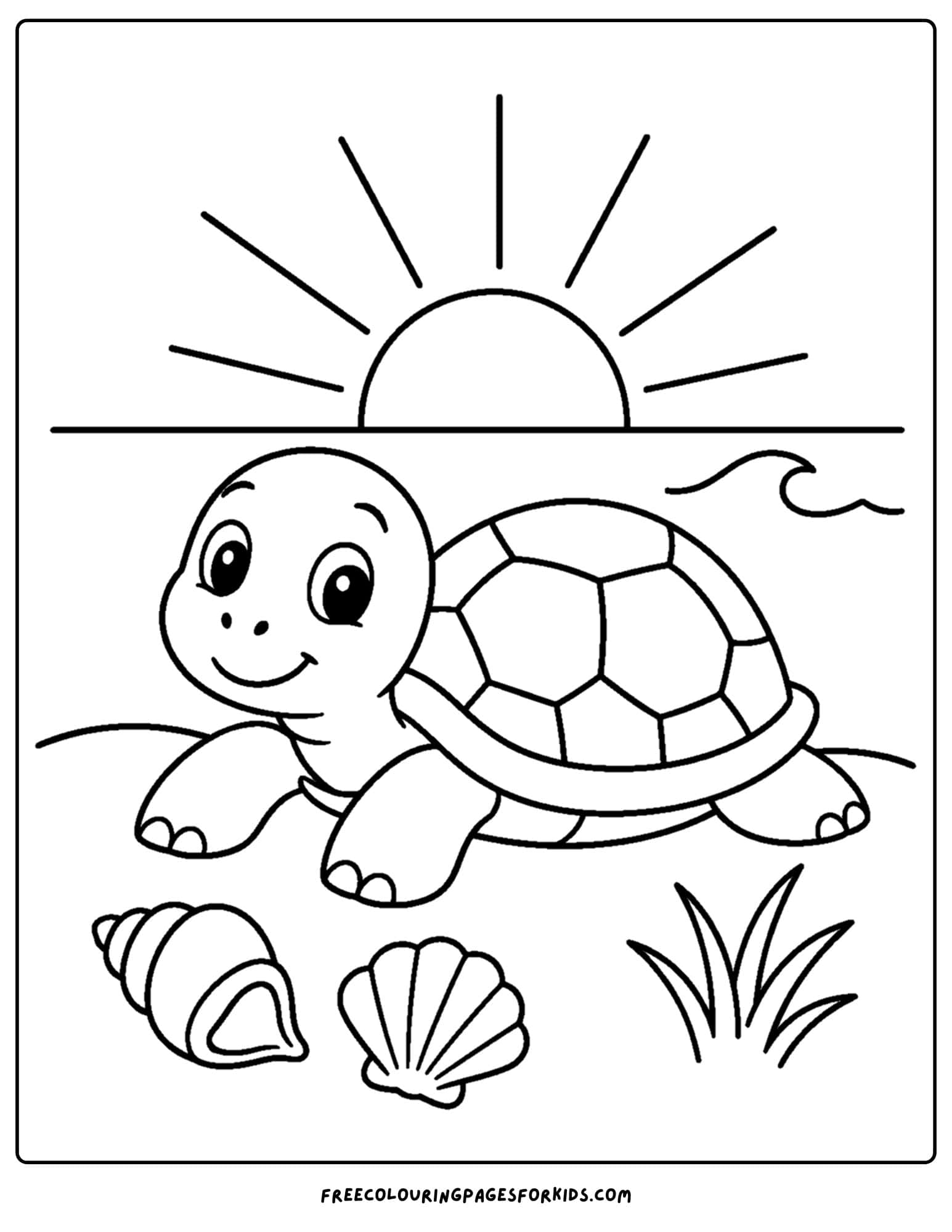 a sunrise styled coloring page showing a turtle on the shore at sunrise