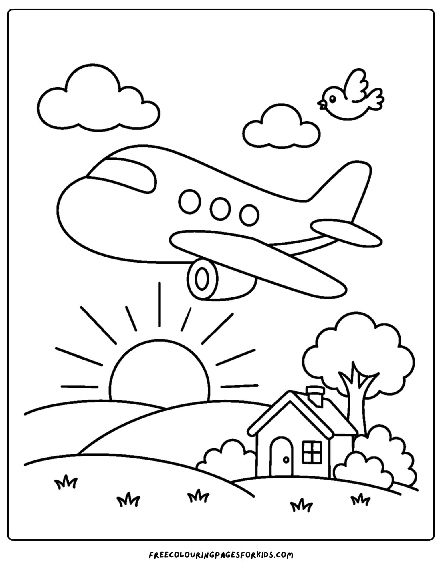 a coloring page of a plane in the sky at sunset