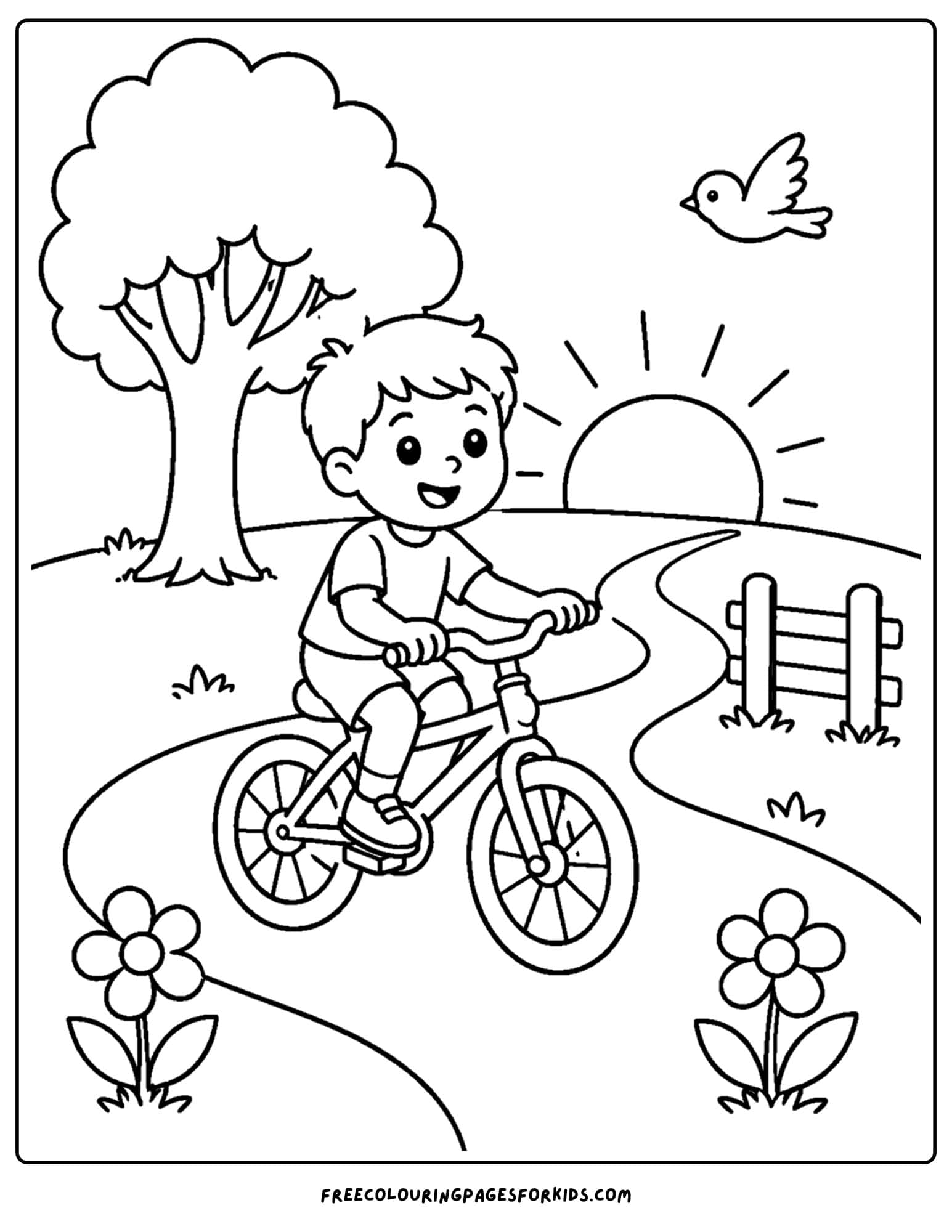 a coloring page of a child riding their bike on a path at sunset