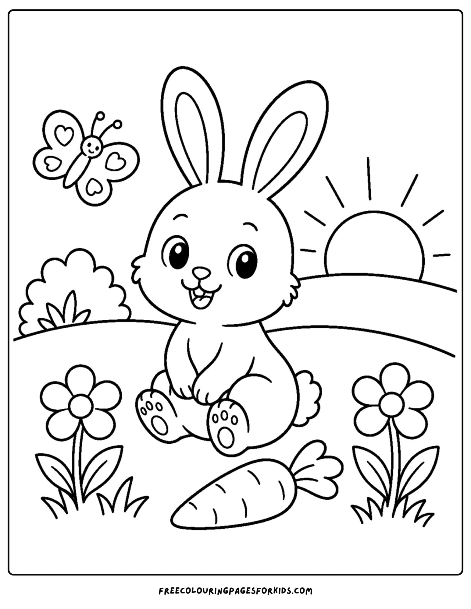 a coloring page of a bunny in a field at sunset