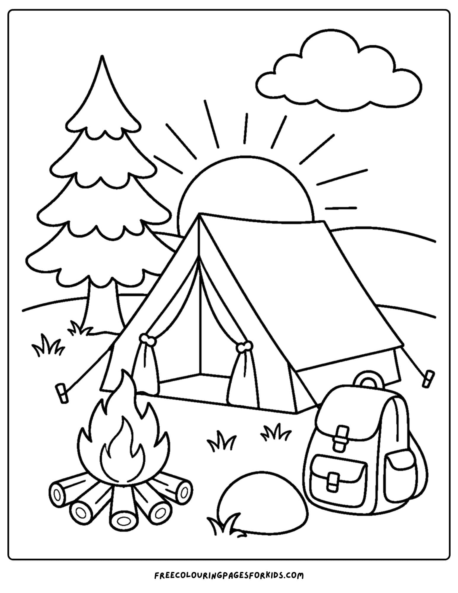 a coloring page of a camping scene with the sun setting behind the tent