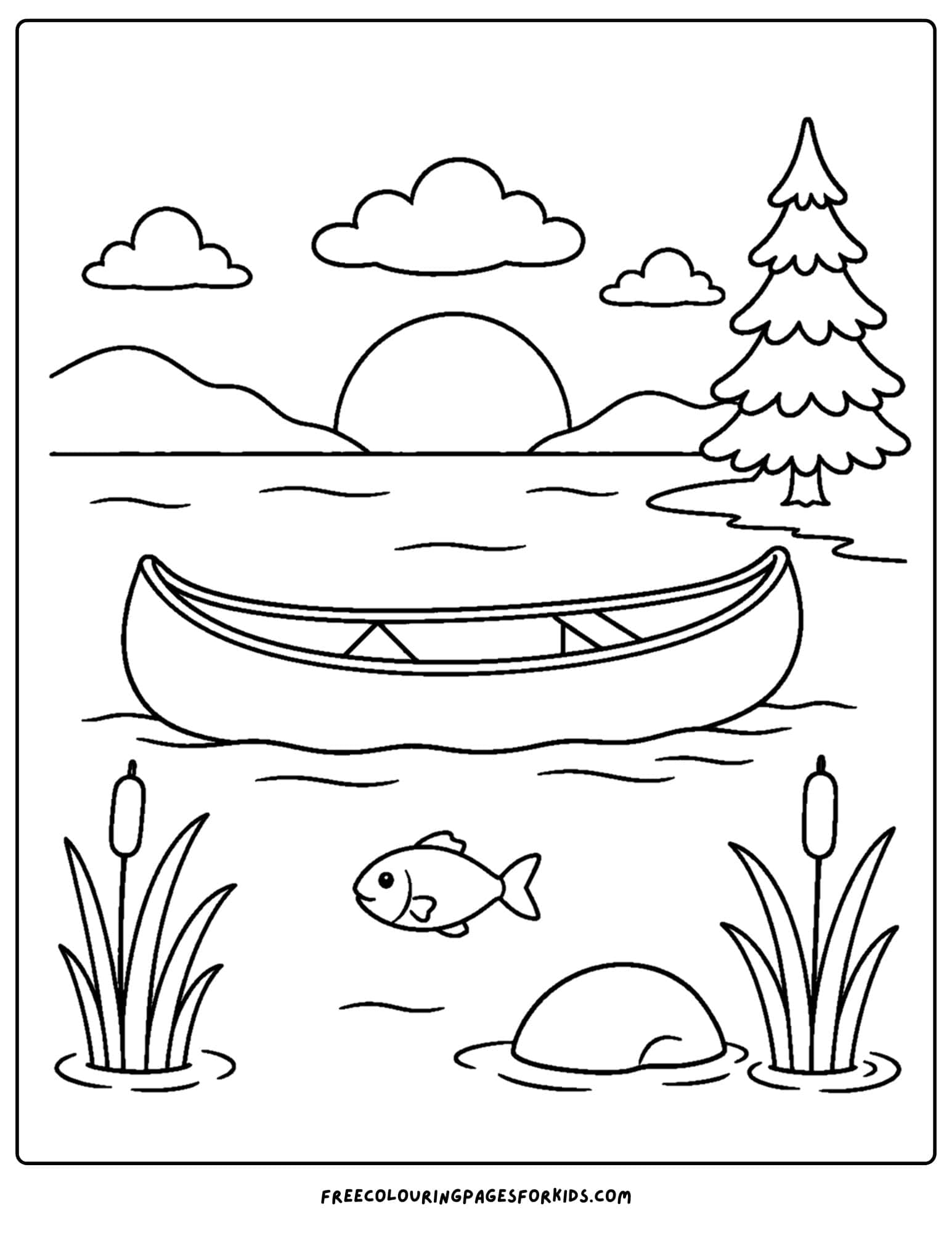 a coloring page of a canoe on a lake at sunset