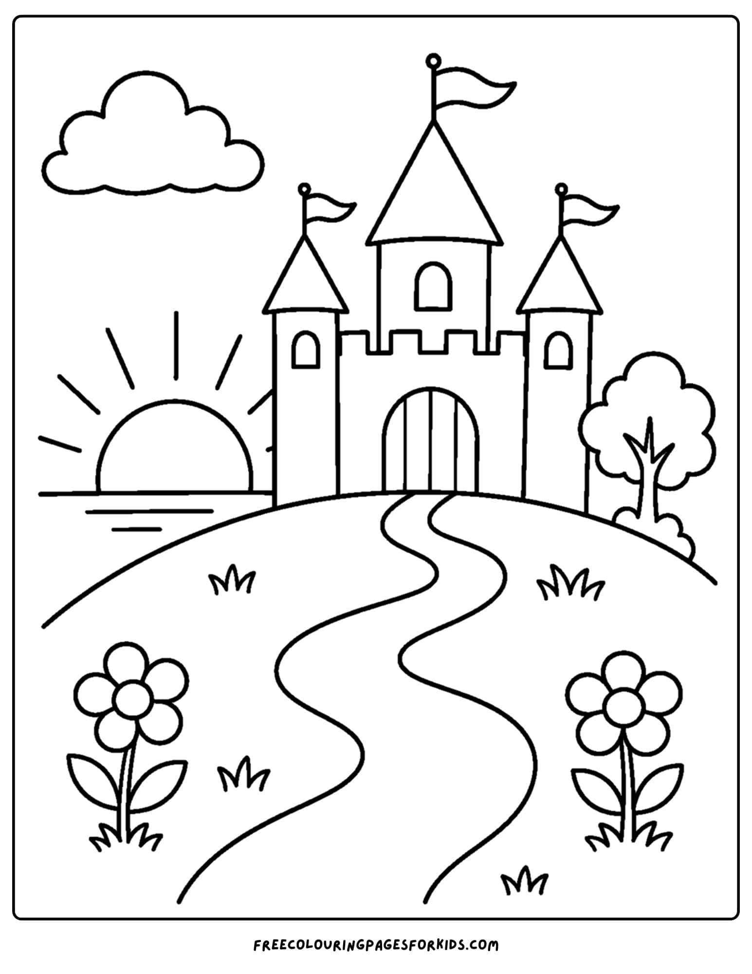 a coloring page of a castle on a hill as the sun sets