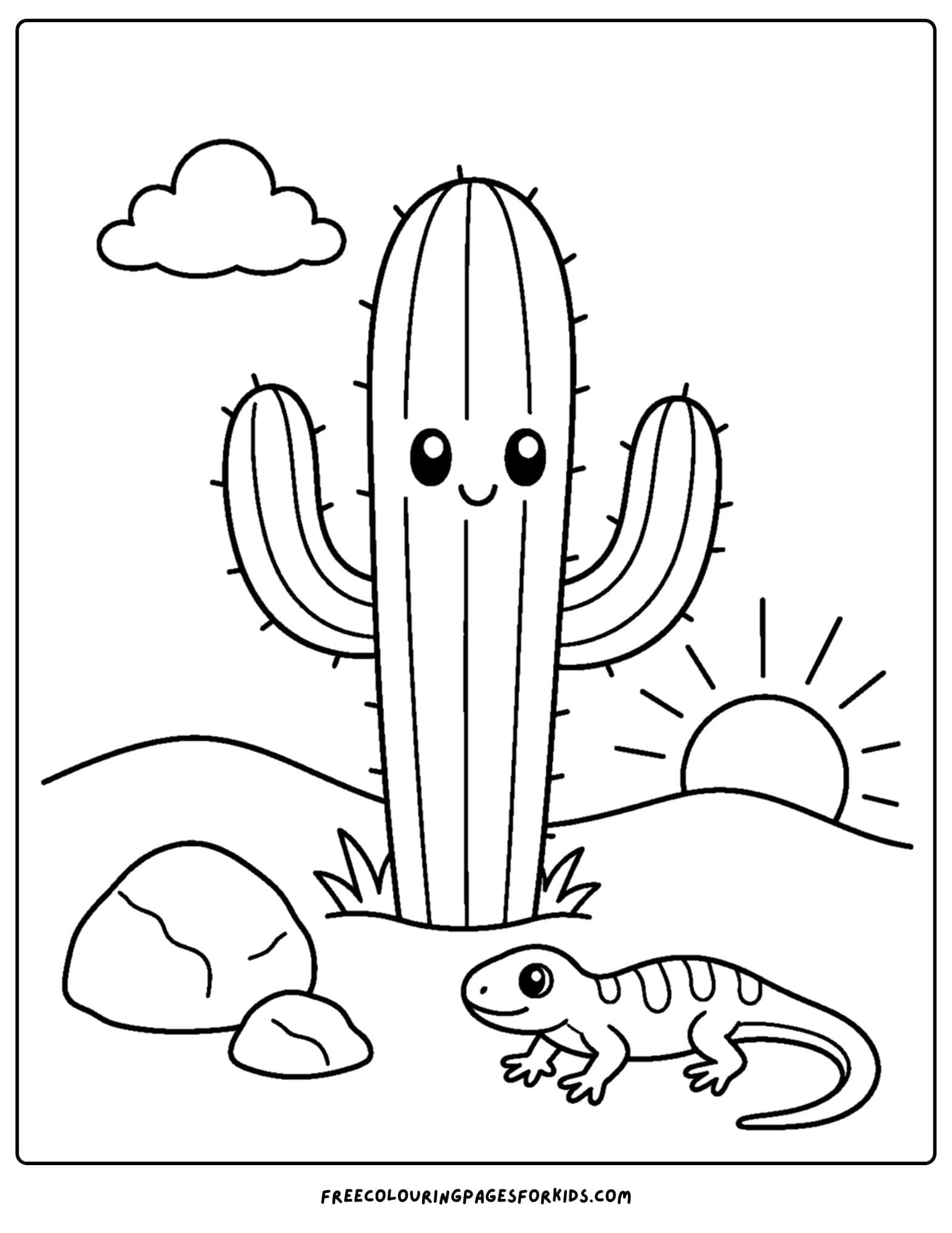 a coloring page of a desert scene with a cactus and the sun setting